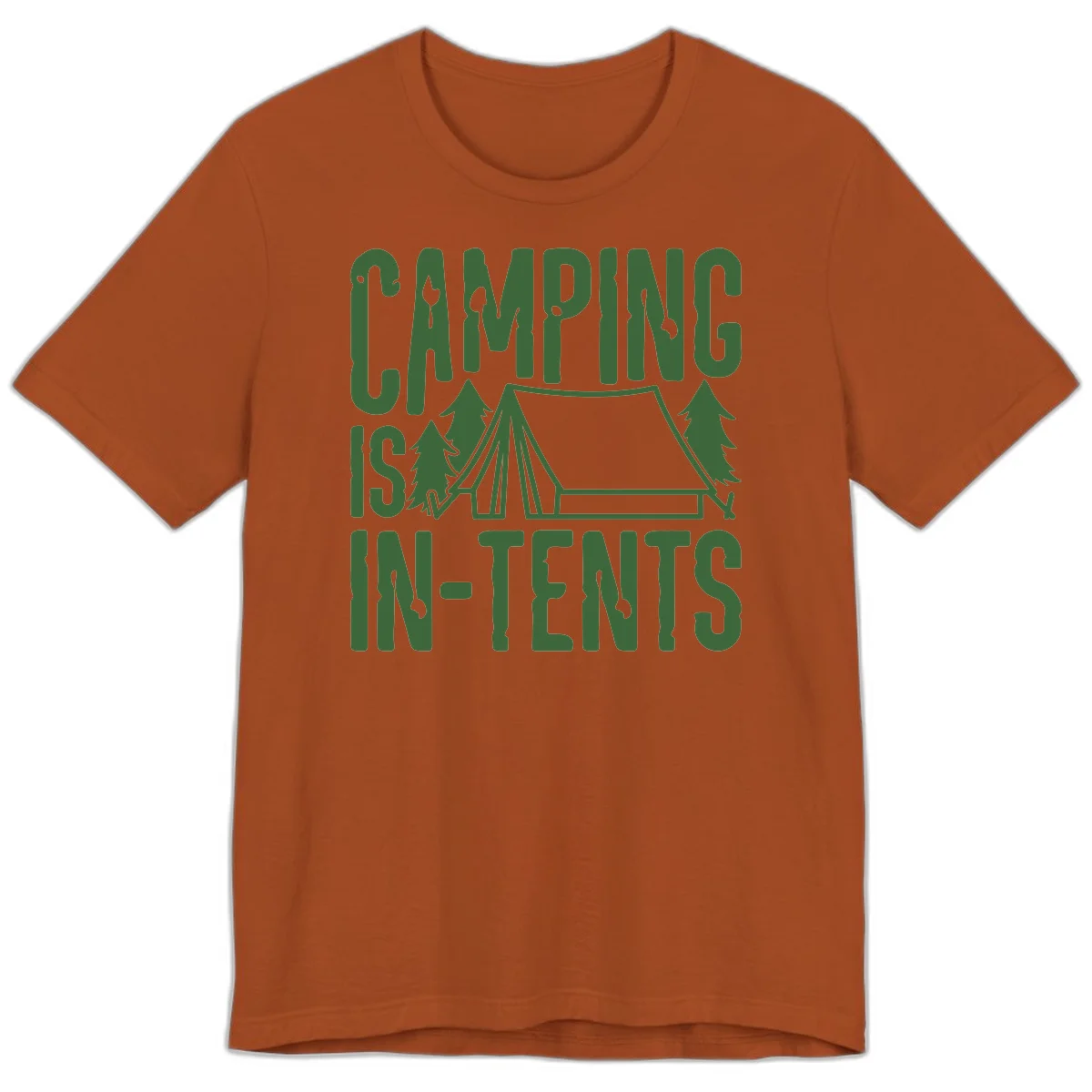 Green text and camping imagery design reading 'Camping Is In-Tents' with a tent and trees illustration on gray background in Autumn