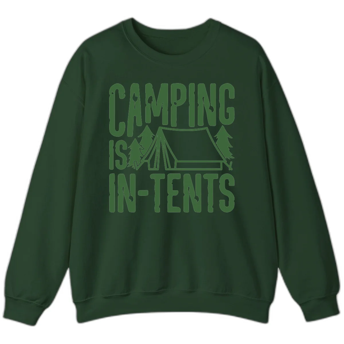 Green text and camping imagery design reading 'Camping Is In-Tents' with a tent and trees illustration on gray background in Forest Green
