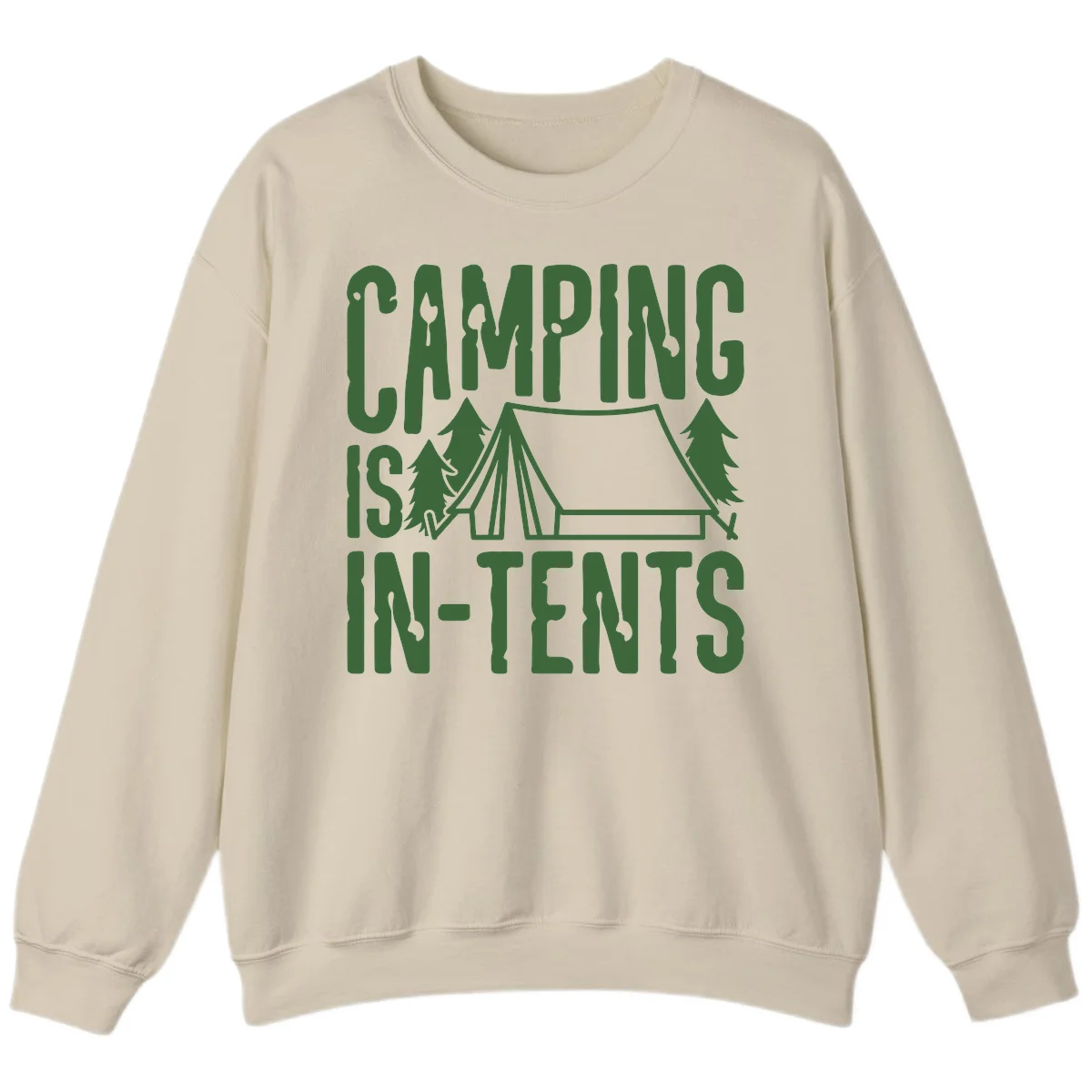 Green text and camping imagery design reading 'Camping Is In-Tents' with a tent and trees illustration on gray background in Sand
