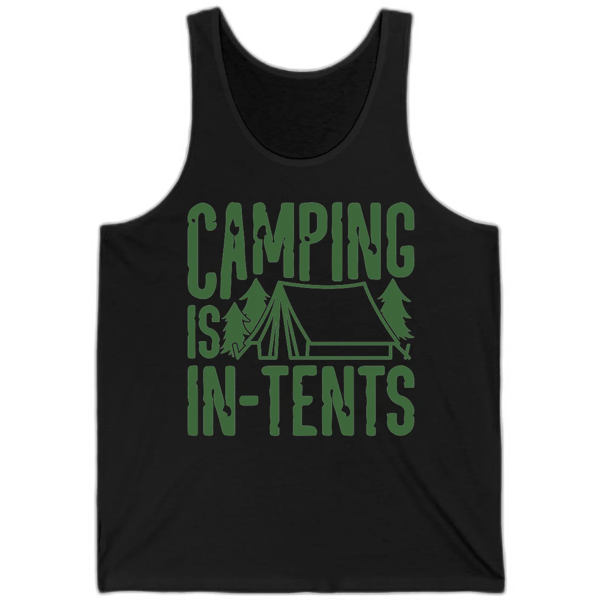 Green text and camping imagery design reading 'Camping Is In-Tents' with a tent and trees illustration on gray background in Black