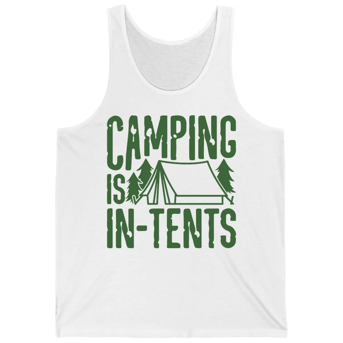 Green text and camping imagery design reading 'Camping Is In-Tents' with a tent and trees illustration on gray background in White