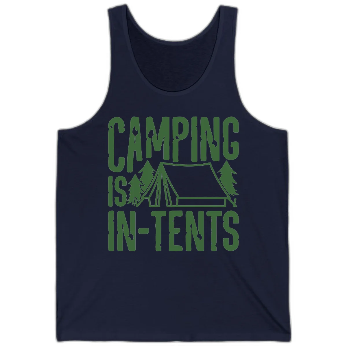 Green text and camping imagery design reading 'Camping Is In-Tents' with a tent and trees illustration on gray background in Navy