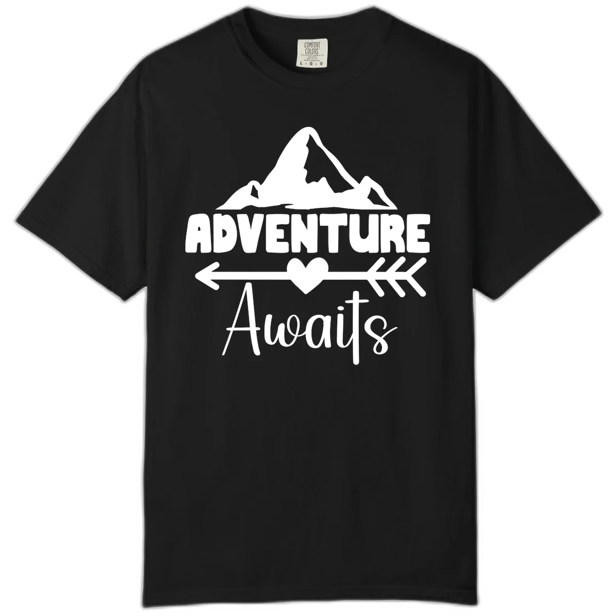 Adventure awaits mountain design with snow peaks, heart, and directional arrows on white background in Black