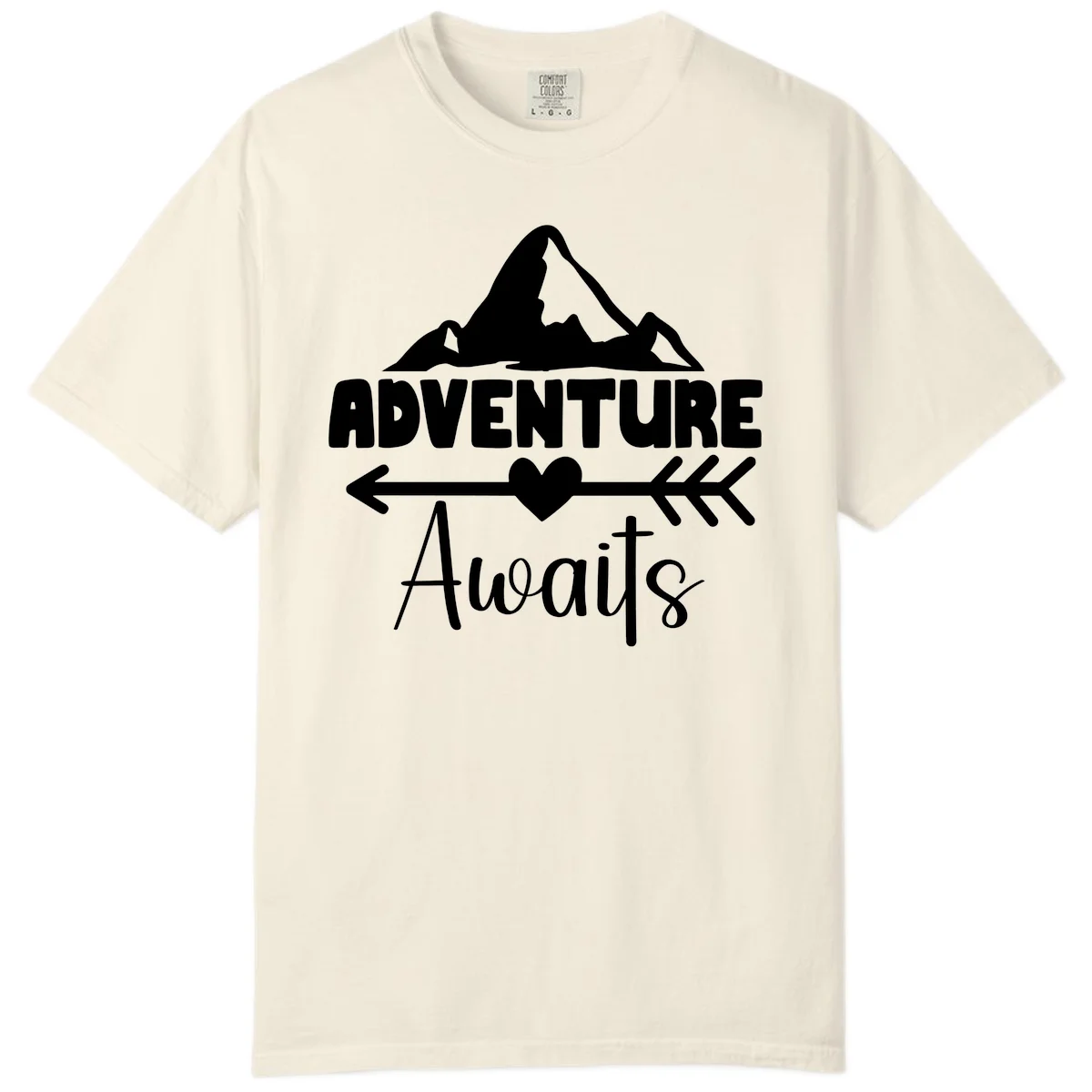 Adventure awaits mountain design with snow peaks, heart, and directional arrows on white background in Ivory