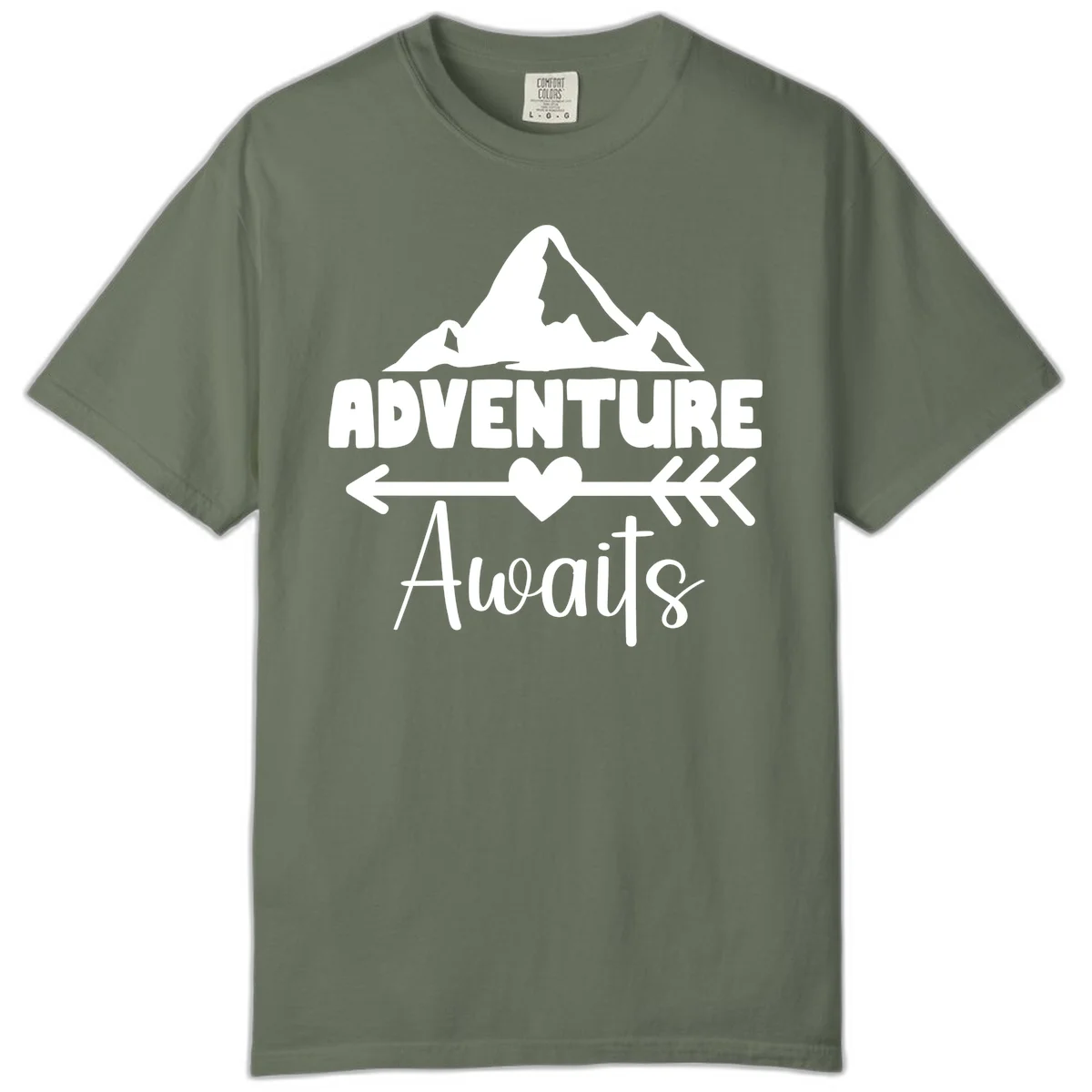 Adventure awaits mountain design with snow peaks, heart, and directional arrows on white background in Moss