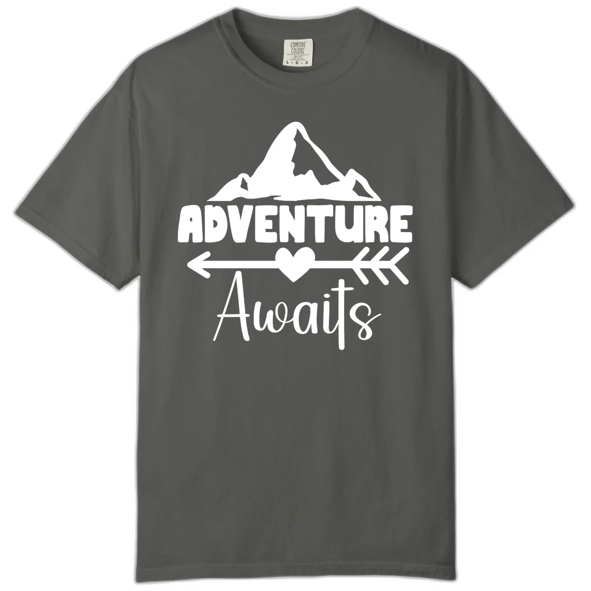 Adventure awaits mountain design with snow peaks, heart, and directional arrows on white background in Pepper