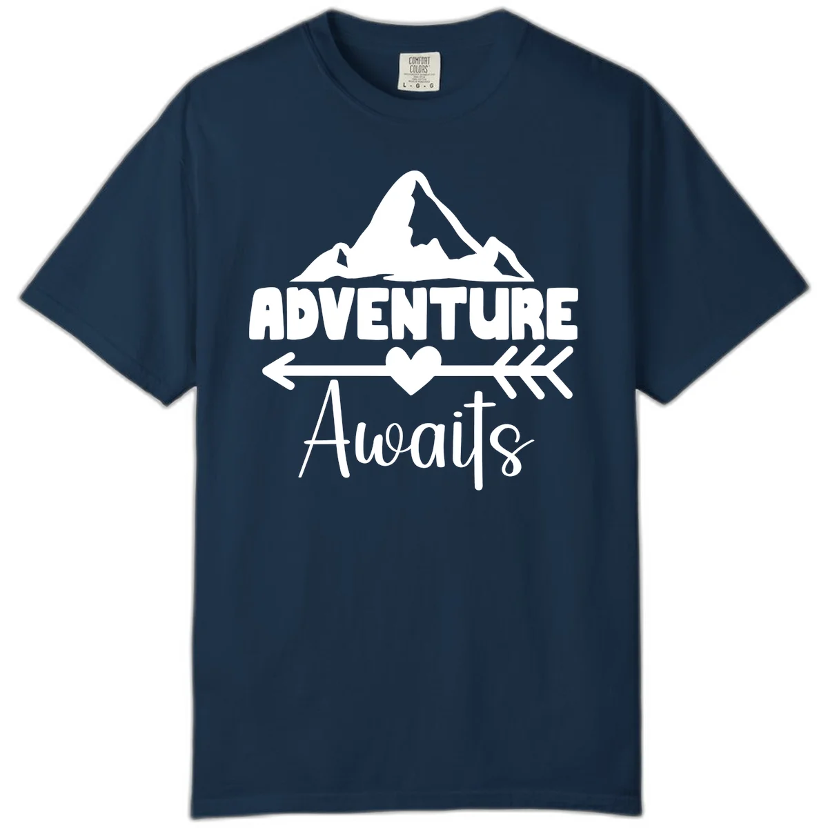 Adventure awaits mountain design with snow peaks, heart, and directional arrows on white background in True Navy