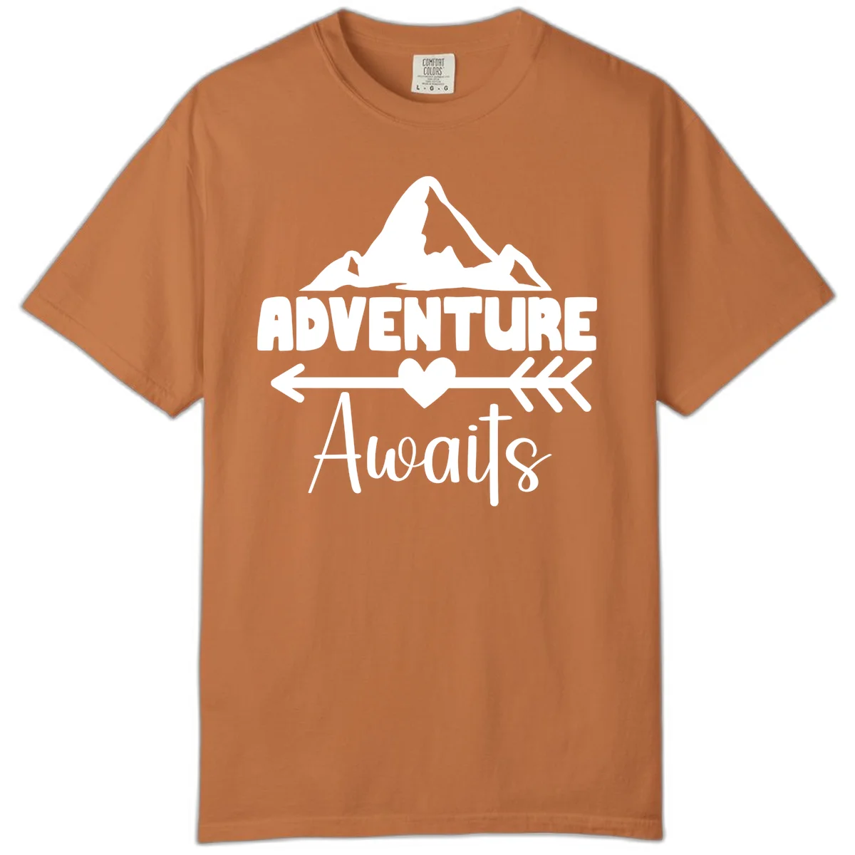 Adventure awaits mountain design with snow peaks, heart, and directional arrows on white background in Yam