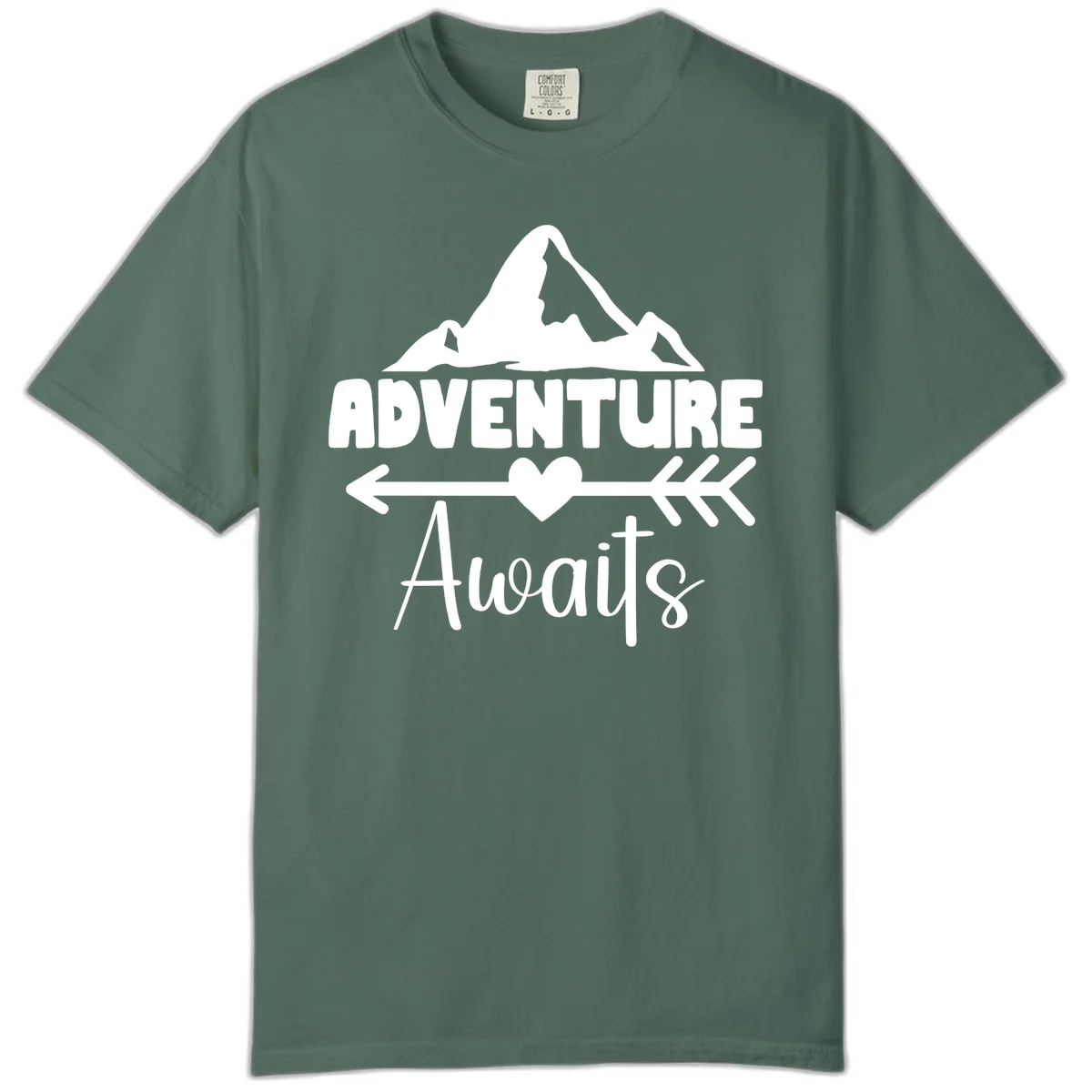 Adventure awaits mountain design with snow peaks, heart, and directional arrows on white background in Blue Spruce