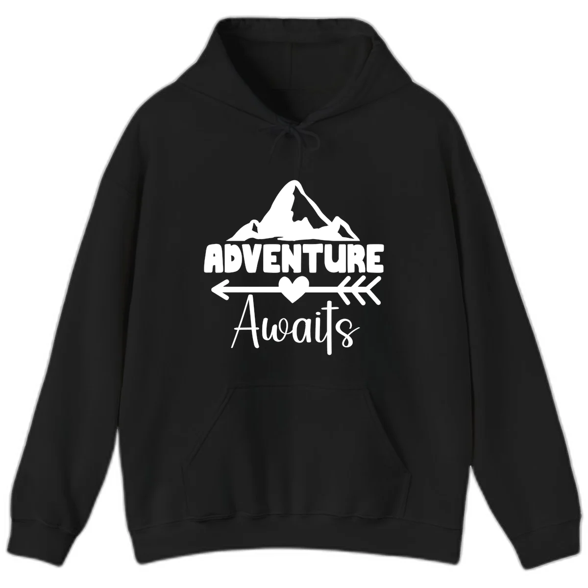 Adventure awaits mountain design with snow peaks, heart, and directional arrows on white background in Black