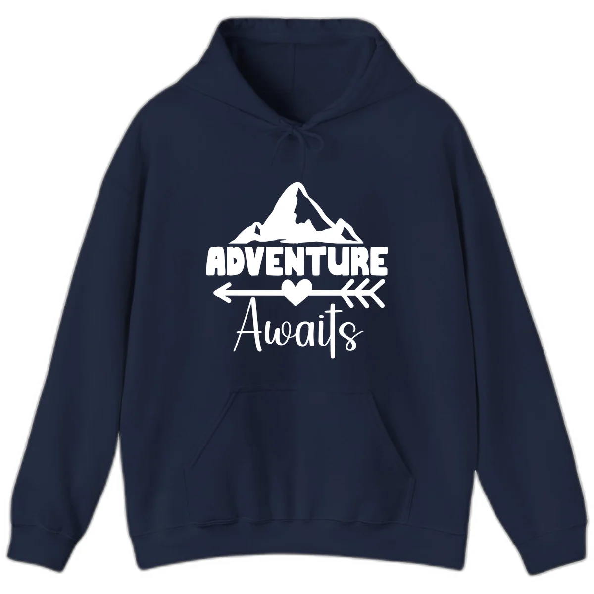 Adventure awaits mountain design with snow peaks, heart, and directional arrows on white background in Navy