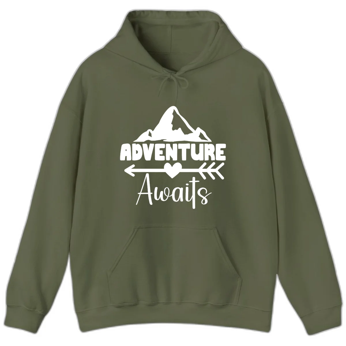 Adventure awaits mountain design with snow peaks, heart, and directional arrows on white background in Military Green