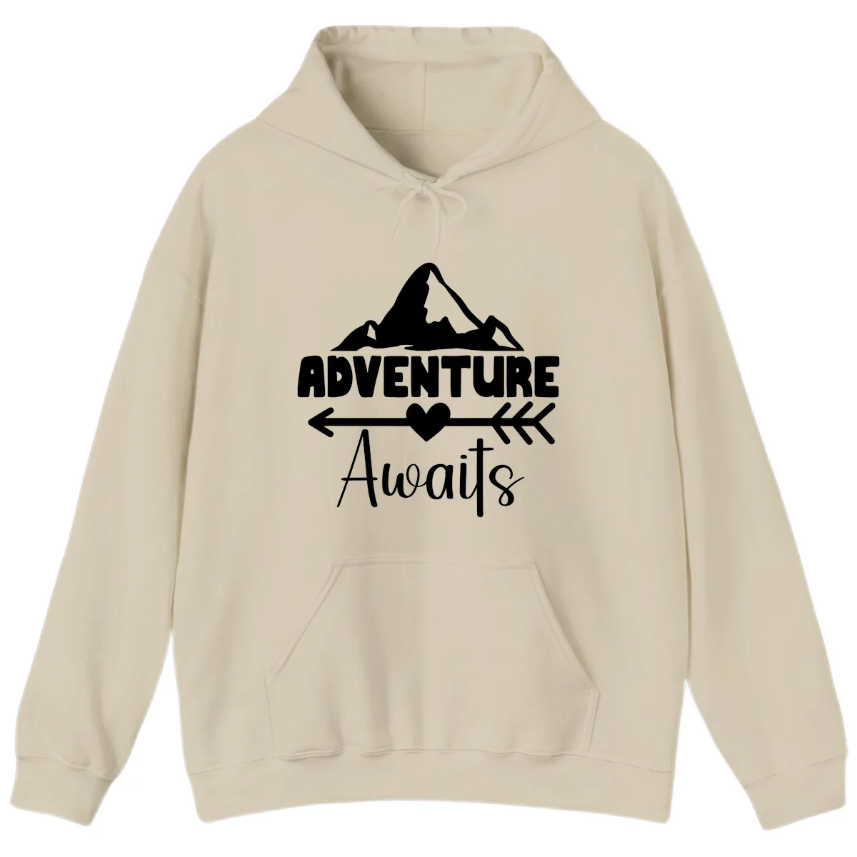 Adventure awaits mountain design with snow peaks, heart, and directional arrows on white background in Sand