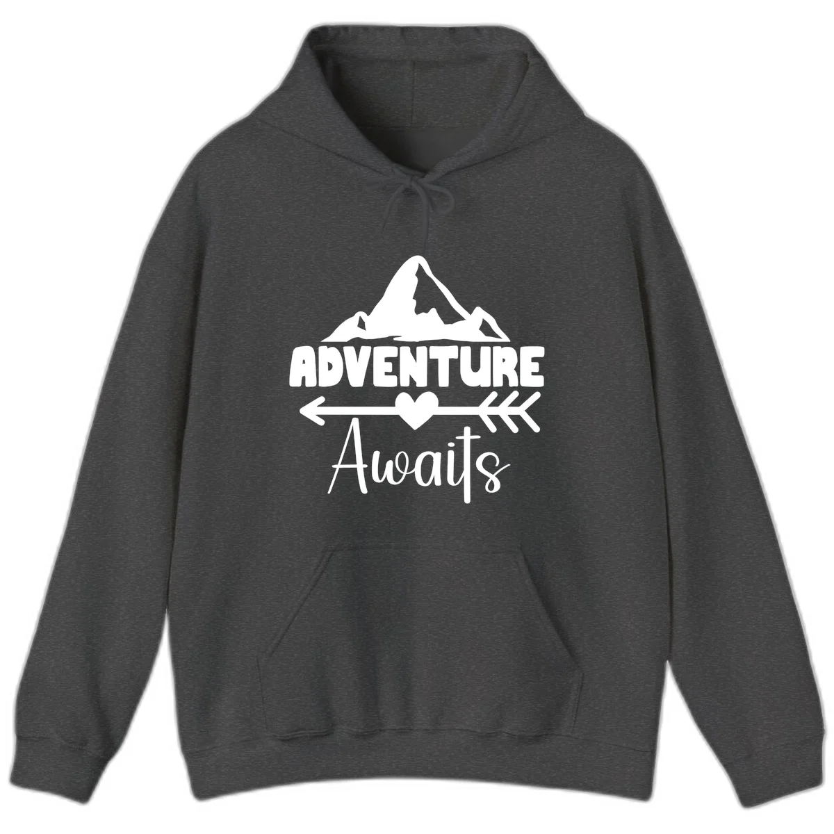 Adventure awaits mountain design with snow peaks, heart, and directional arrows on white background in Dark Heather