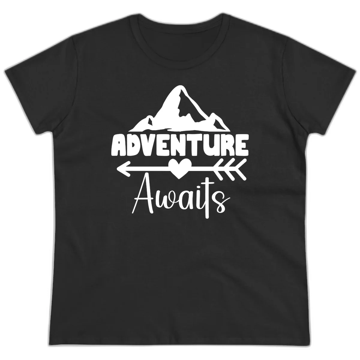 Adventure awaits mountain design with snow peaks, heart, and directional arrows on white background in Black