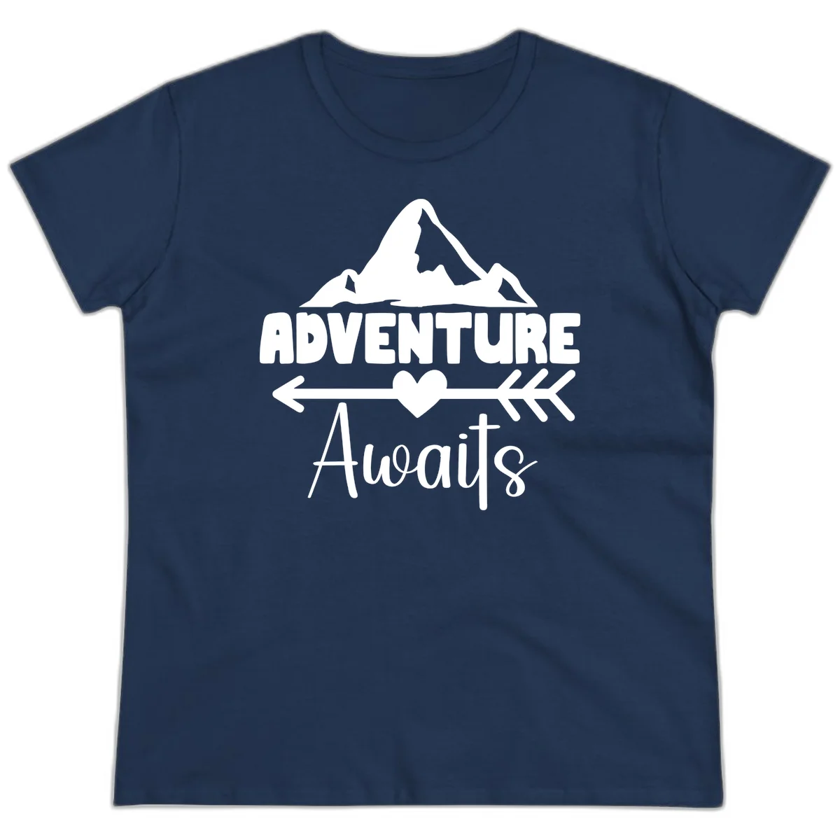 Adventure awaits mountain design with snow peaks, heart, and directional arrows on white background in Navy