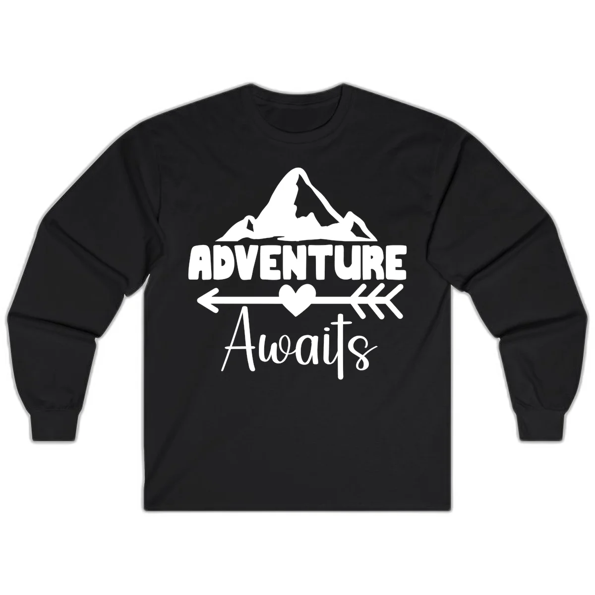 Adventure awaits mountain design with snow peaks, heart, and directional arrows on white background in Black