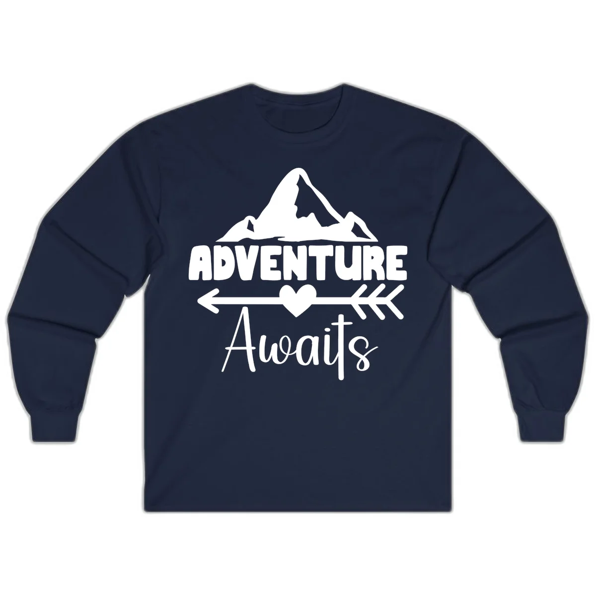 Adventure awaits mountain design with snow peaks, heart, and directional arrows on white background in Navy