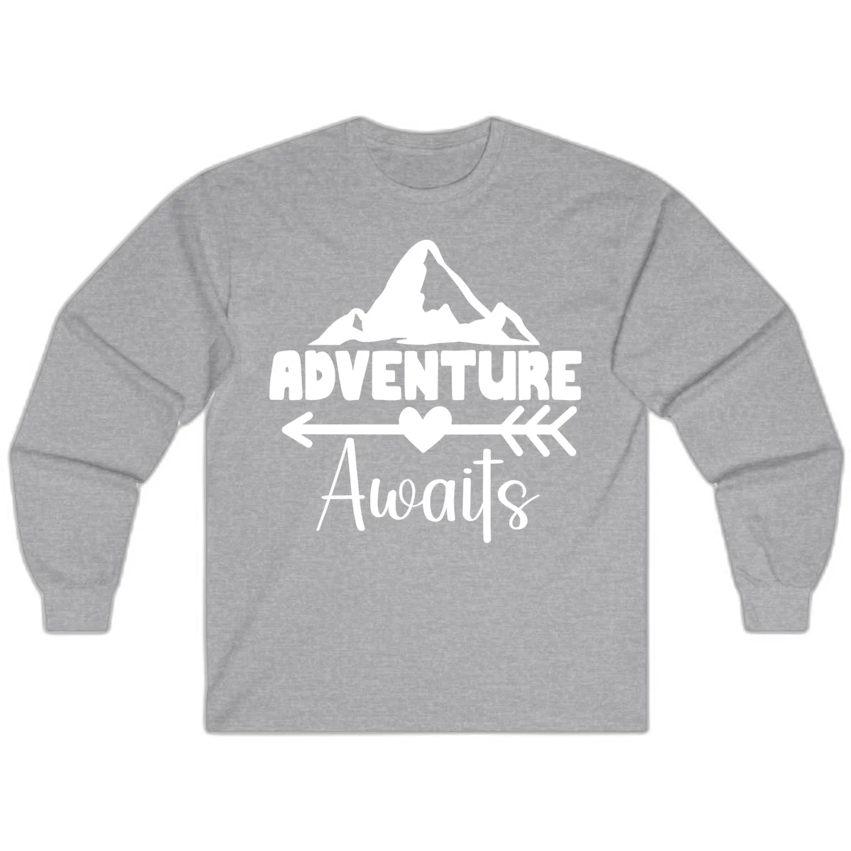 Adventure awaits mountain design with snow peaks, heart, and directional arrows on white background in Sport Grey