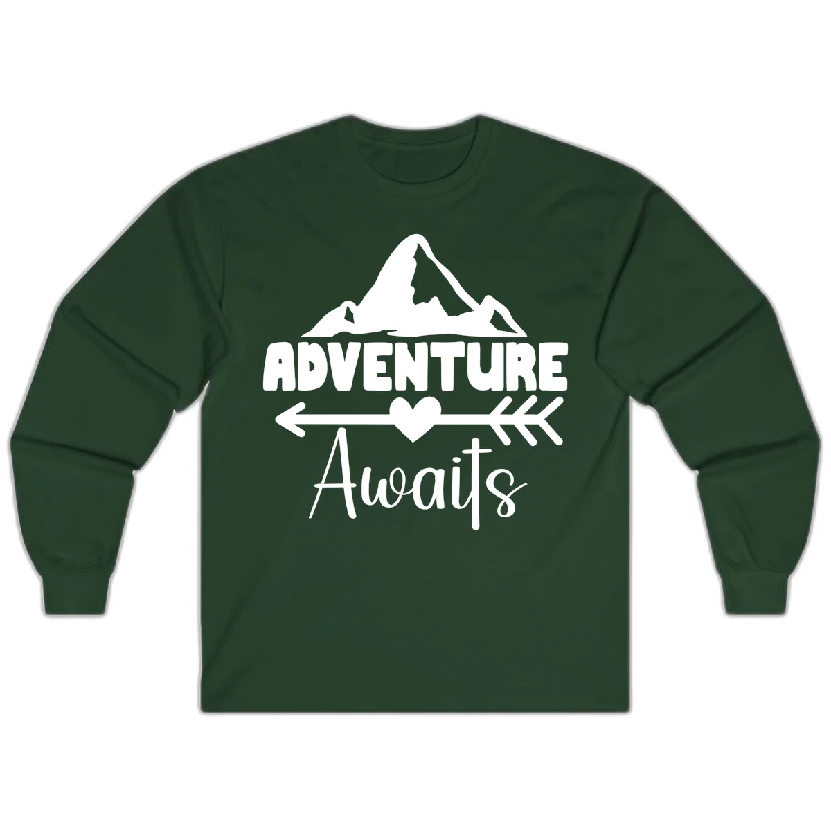 Adventure awaits mountain design with snow peaks, heart, and directional arrows on white background in Forest Green