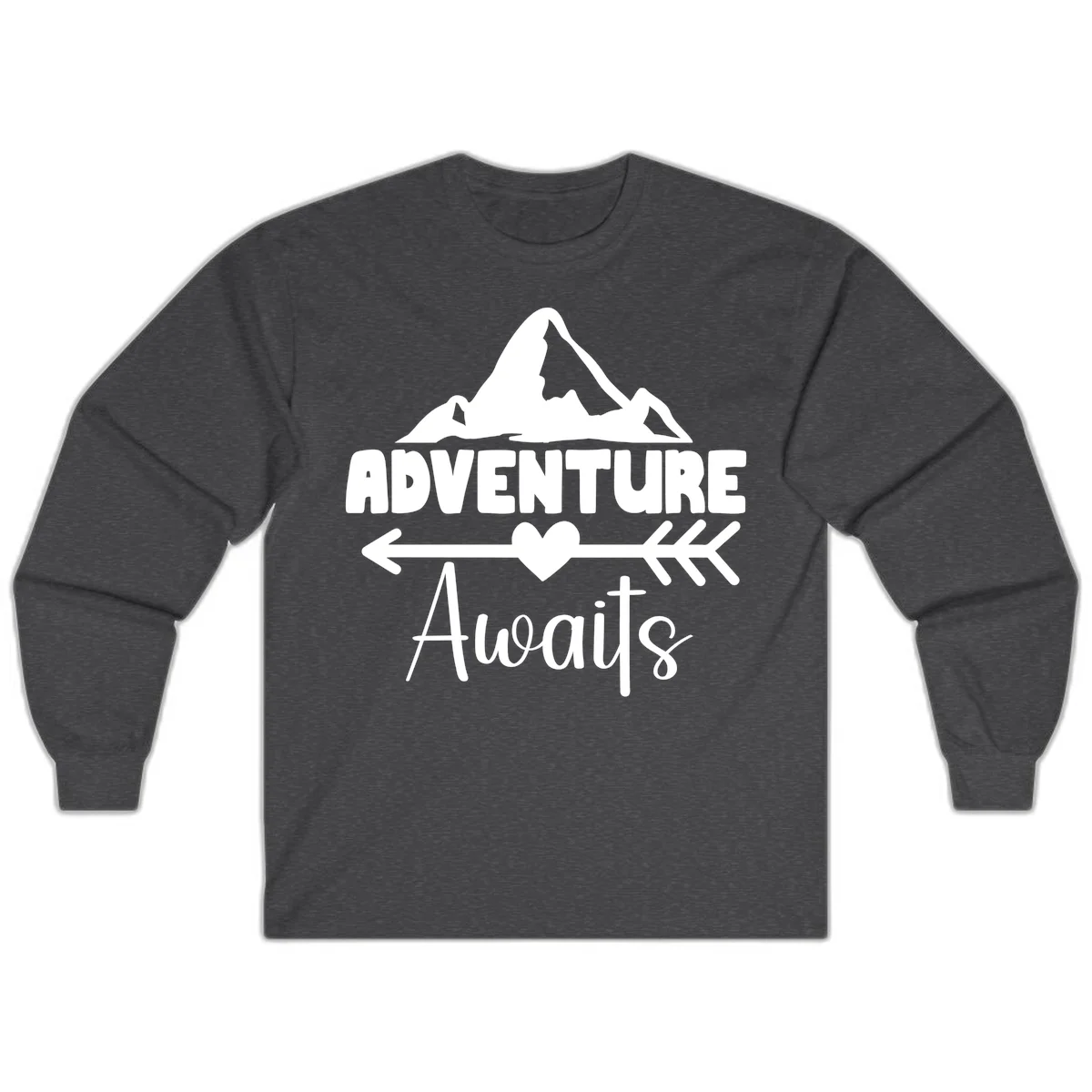 Adventure awaits mountain design with snow peaks, heart, and directional arrows on white background in Dark Heather