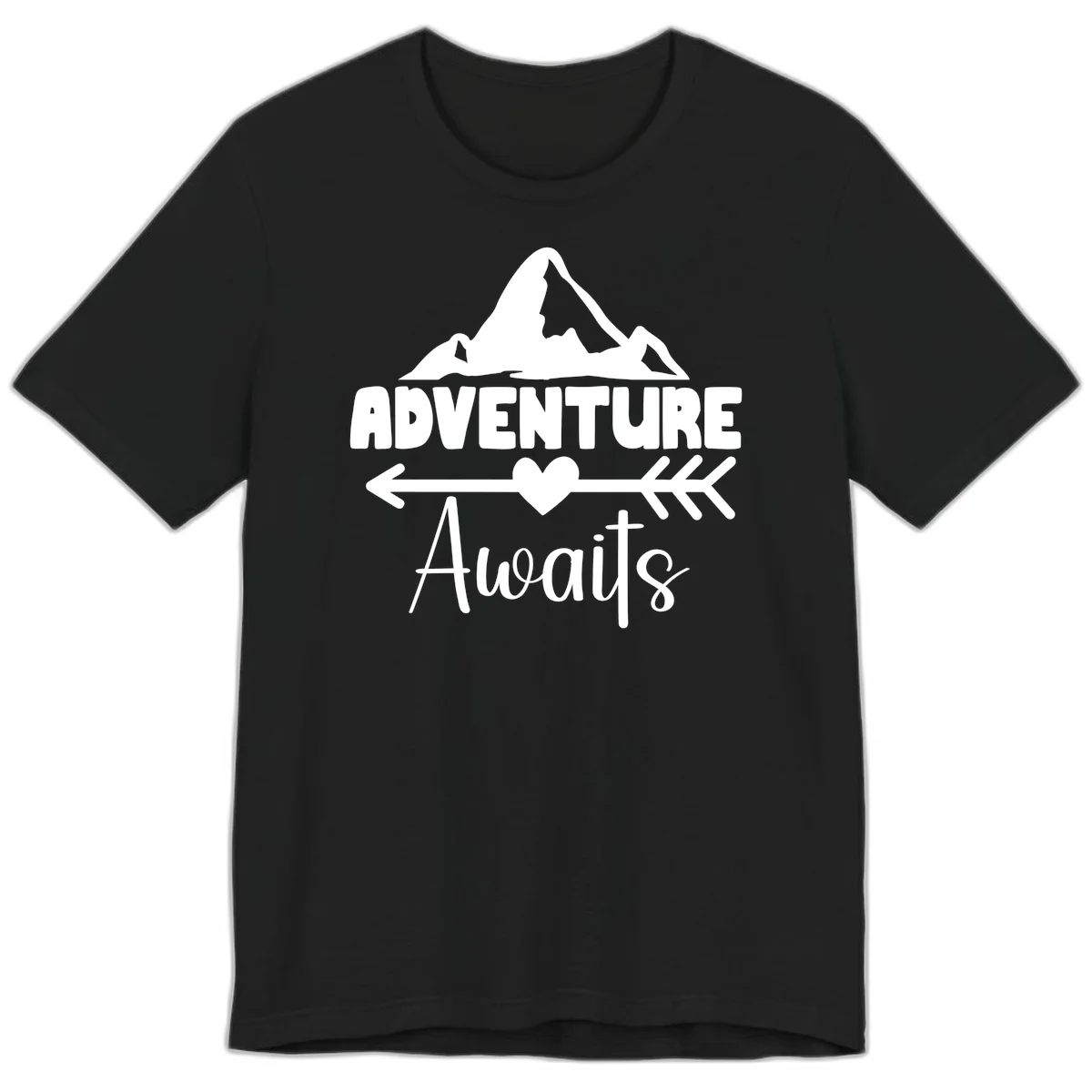 Adventure awaits mountain design with snow peaks, heart, and directional arrows on white background in Black