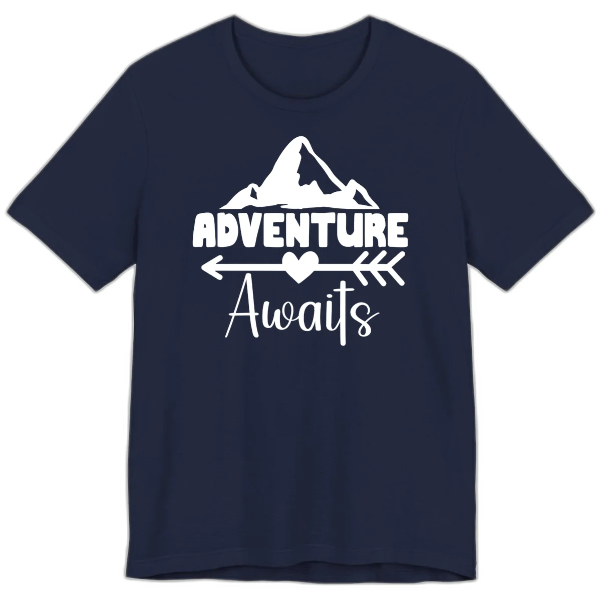 Adventure awaits mountain design with snow peaks, heart, and directional arrows on white background in Navy