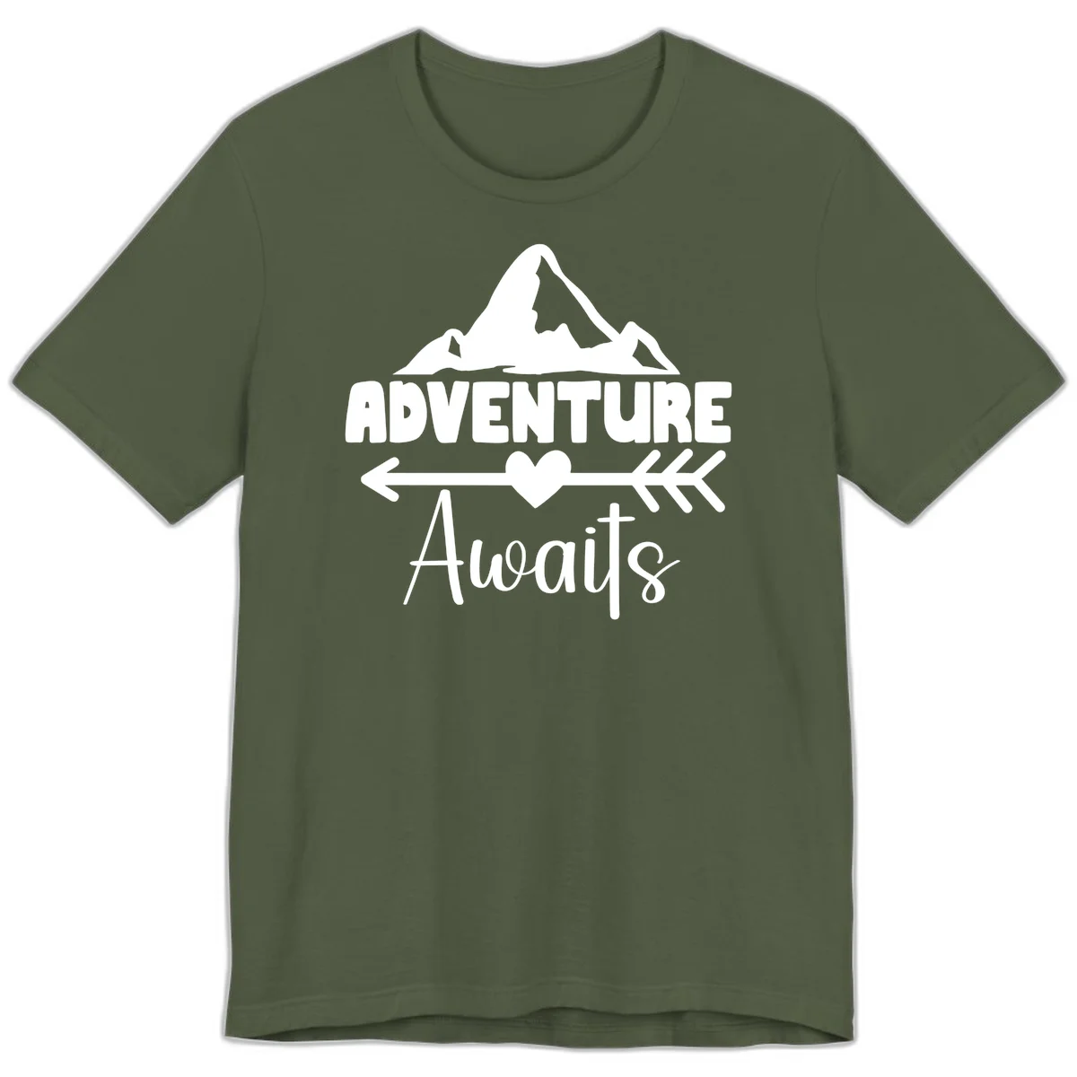 Adventure awaits mountain design with snow peaks, heart, and directional arrows on white background in Military Green