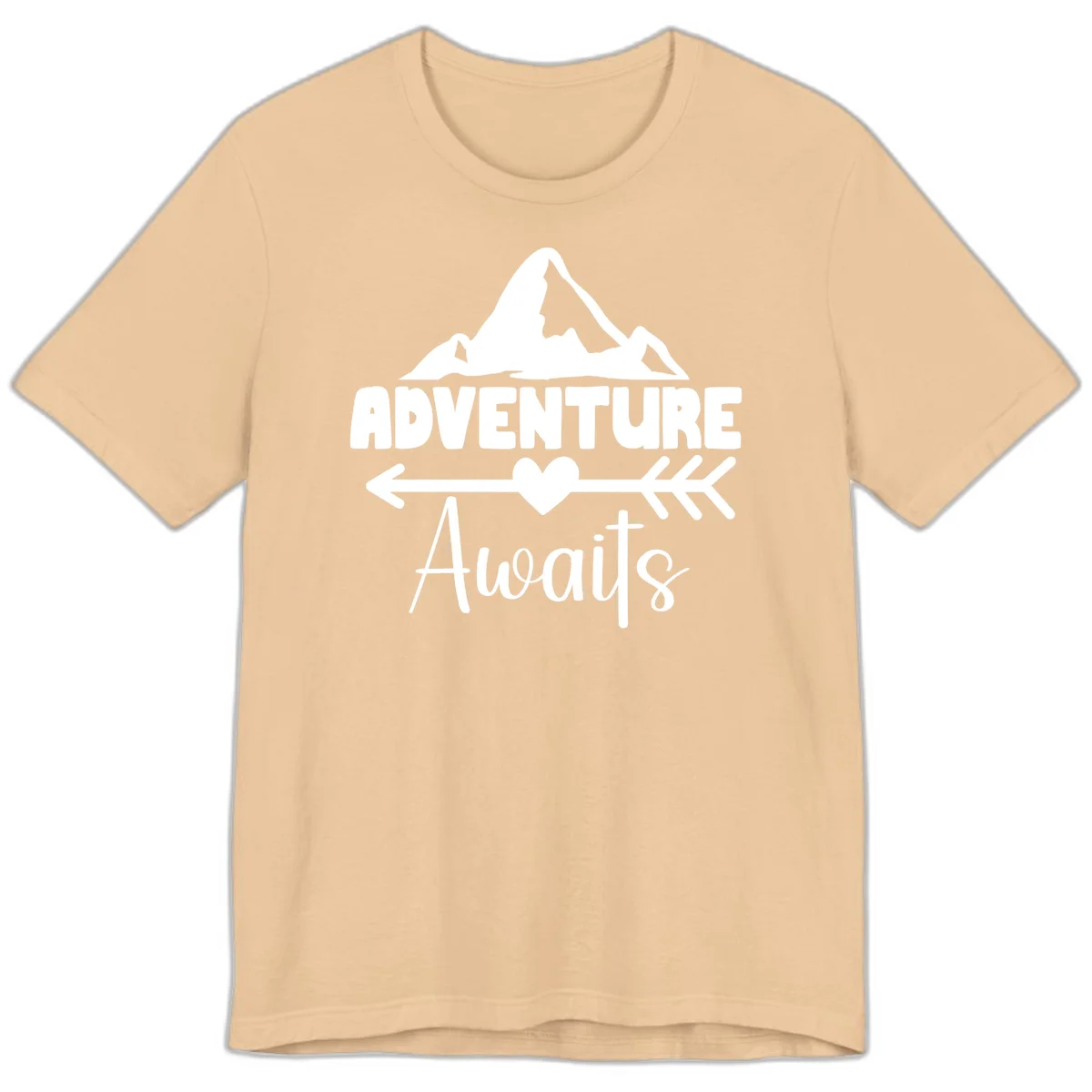Adventure awaits mountain design with snow peaks, heart, and directional arrows on white background in Sand Dune