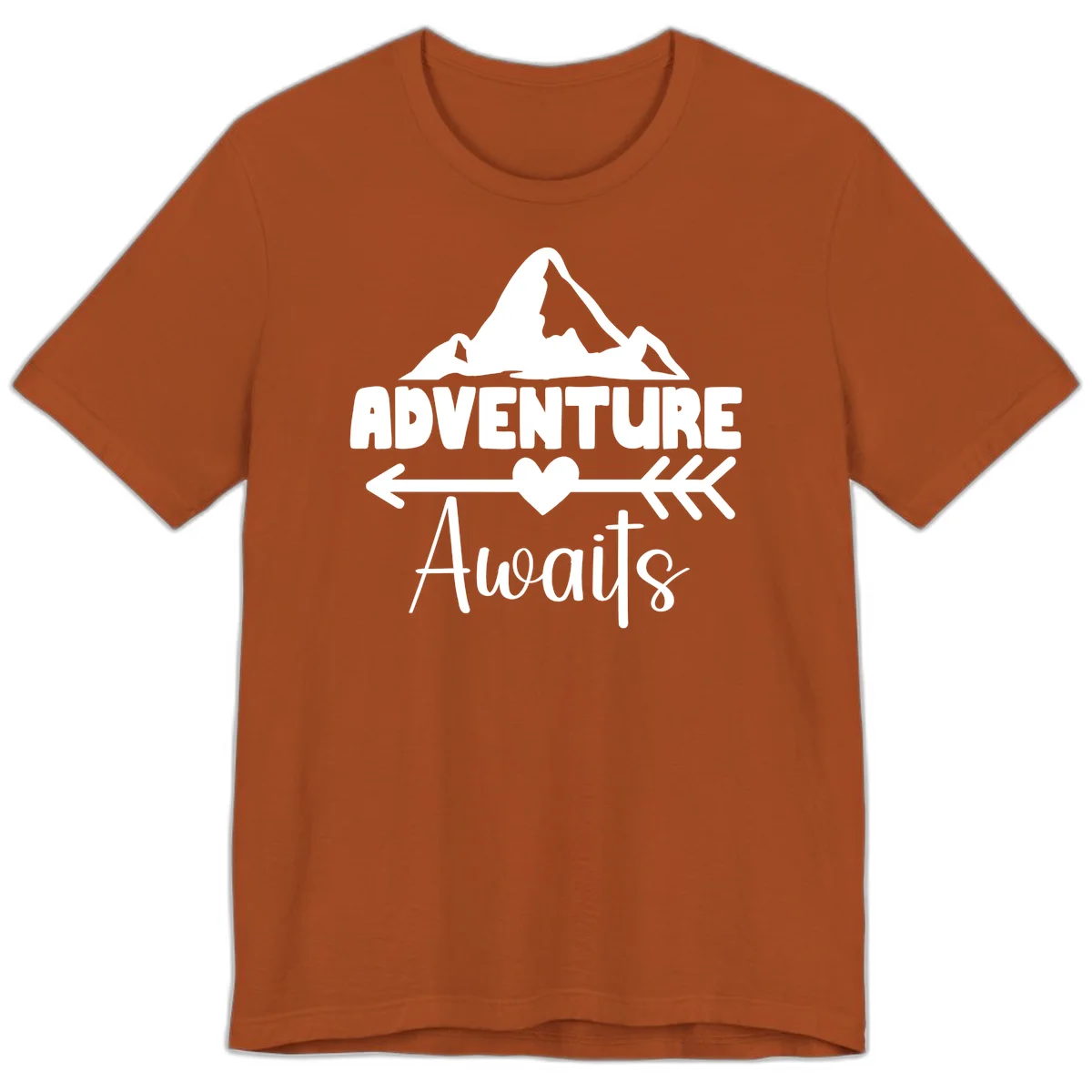 Adventure awaits mountain design with snow peaks, heart, and directional arrows on white background in Autumn