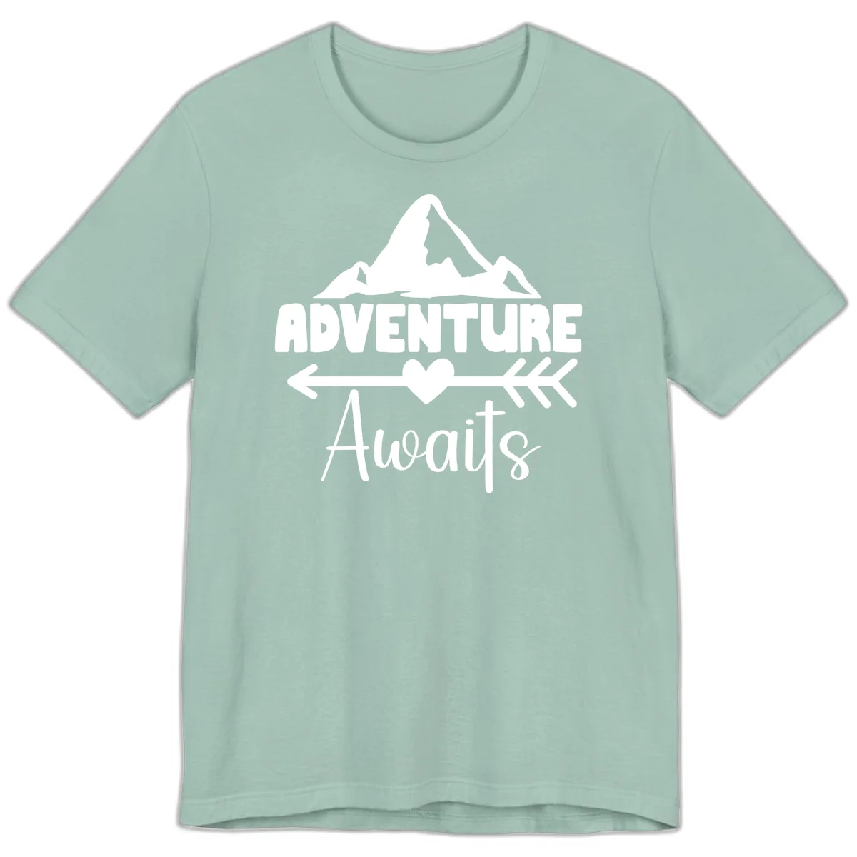 Adventure awaits mountain design with snow peaks, heart, and directional arrows on white background in Dusty Blue