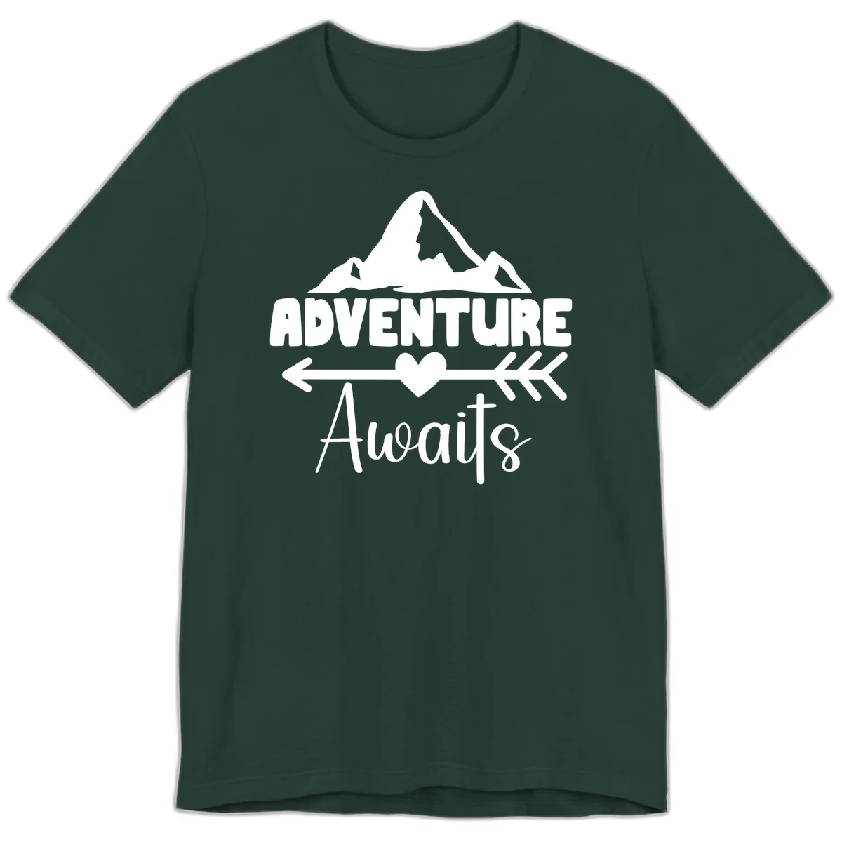 Adventure awaits mountain design with snow peaks, heart, and directional arrows on white background in Forest