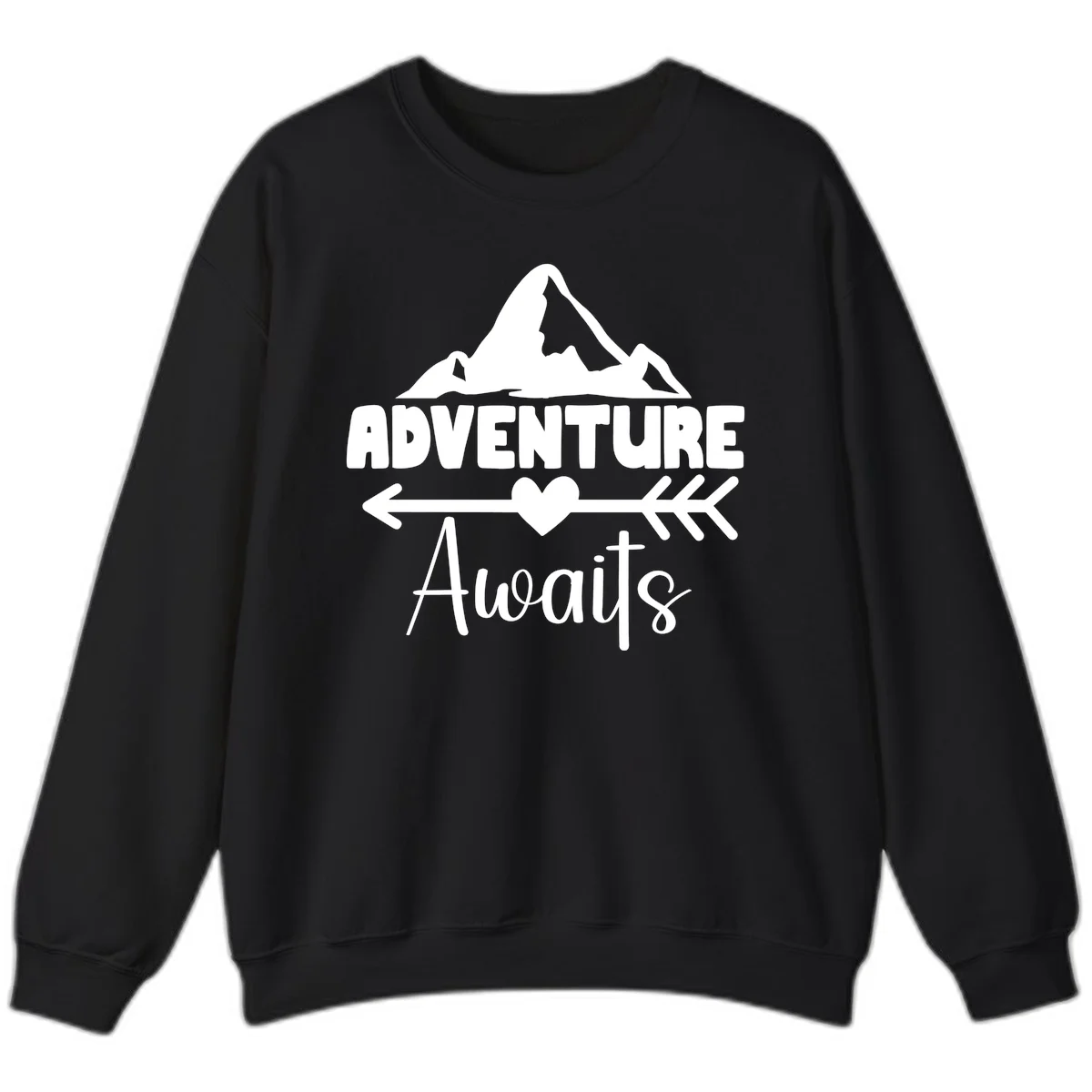 Adventure awaits mountain design with snow peaks, heart, and directional arrows on white background in Black