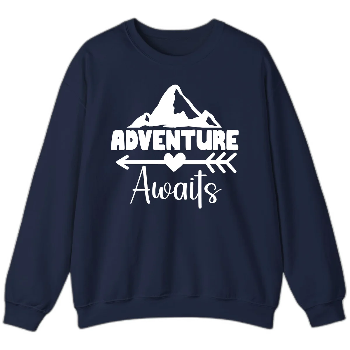 Adventure awaits mountain design with snow peaks, heart, and directional arrows on white background in Navy