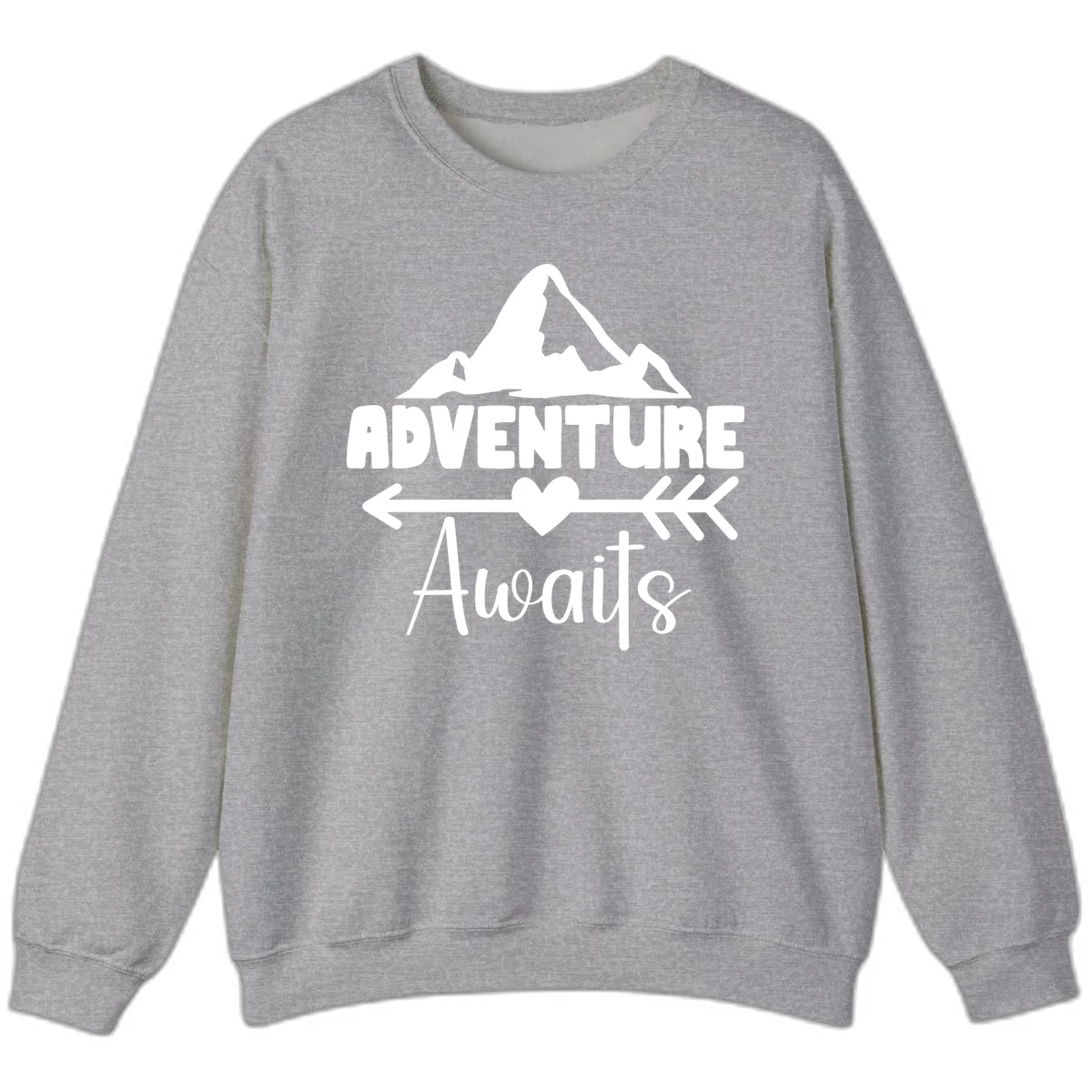 Adventure awaits mountain design with snow peaks, heart, and directional arrows on white background in Sport Grey