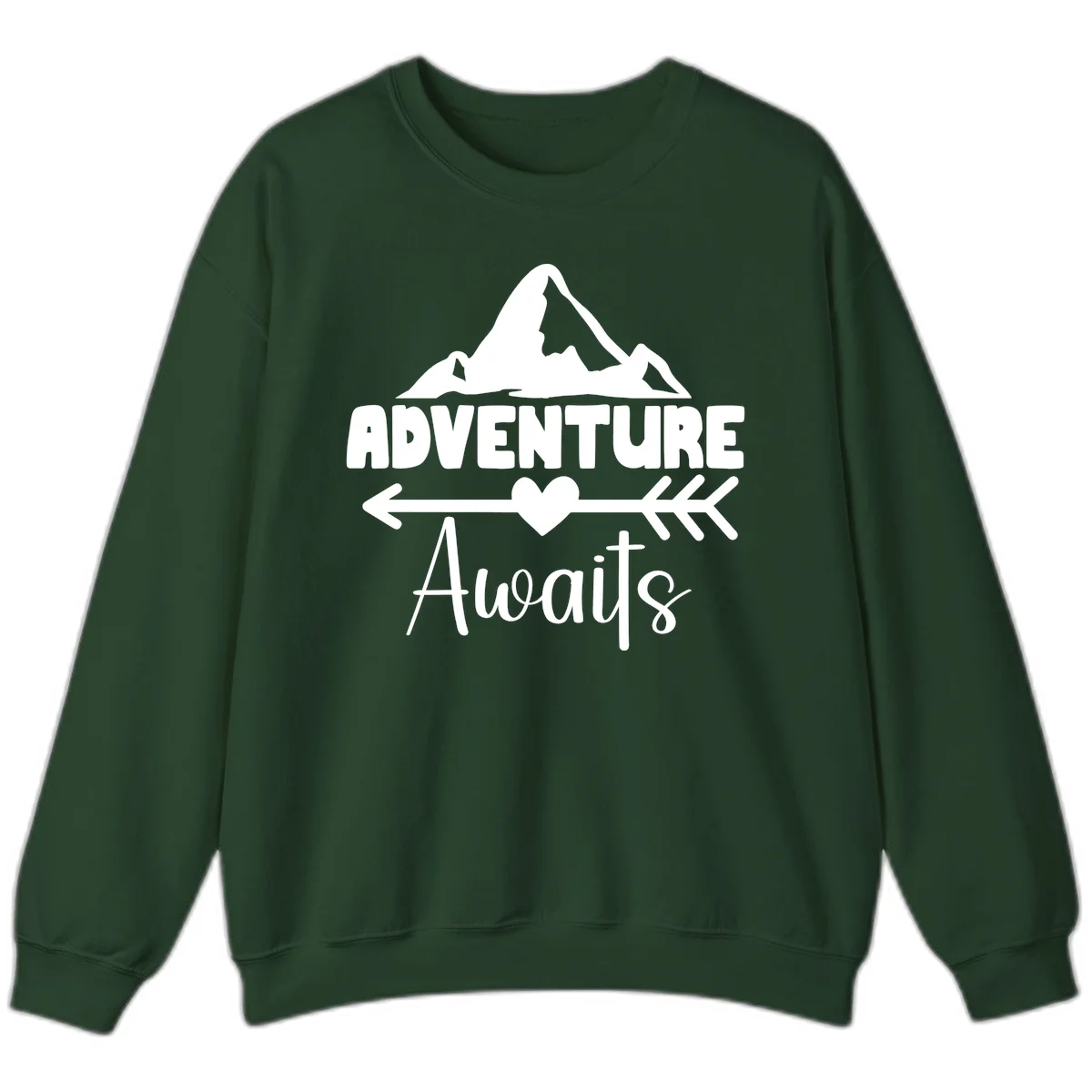 Adventure awaits mountain design with snow peaks, heart, and directional arrows on white background in Forest Green