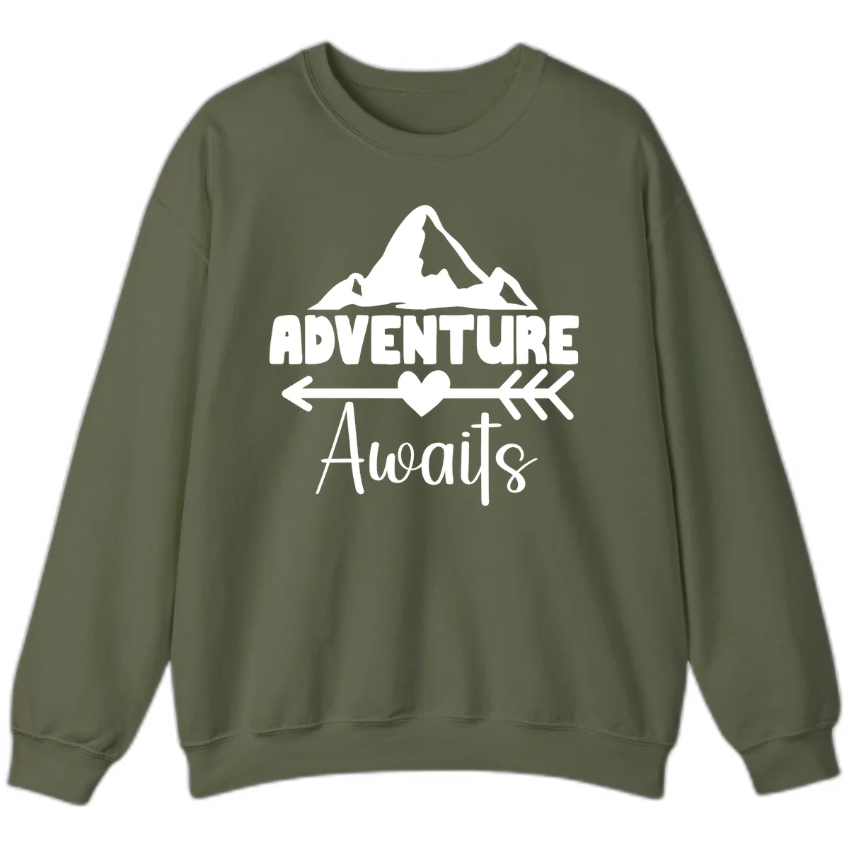 Adventure awaits mountain design with snow peaks, heart, and directional arrows on white background in Military Green