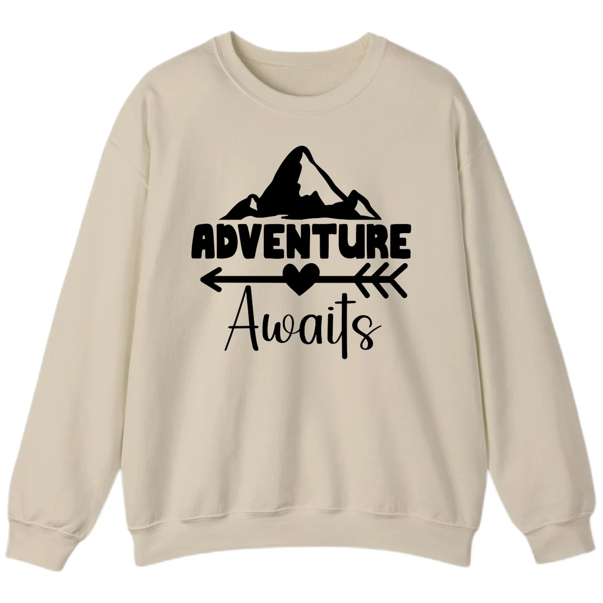 Adventure awaits mountain design with snow peaks, heart, and directional arrows on white background in Sand