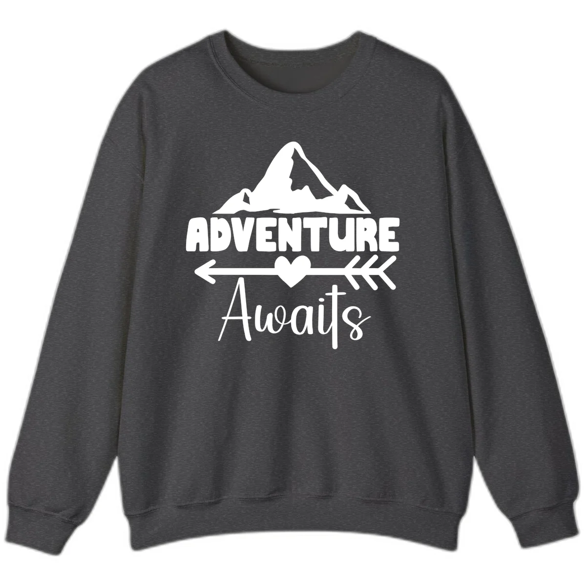 Adventure awaits mountain design with snow peaks, heart, and directional arrows on white background in Dark Heather