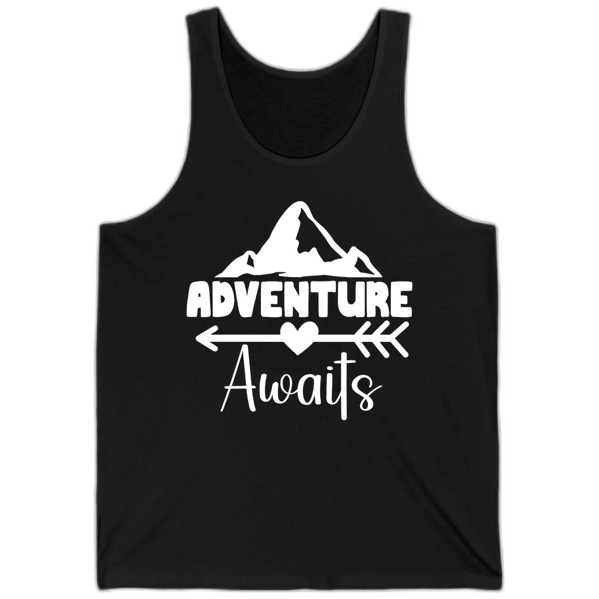 Adventure awaits mountain design with snow peaks, heart, and directional arrows on white background in Black