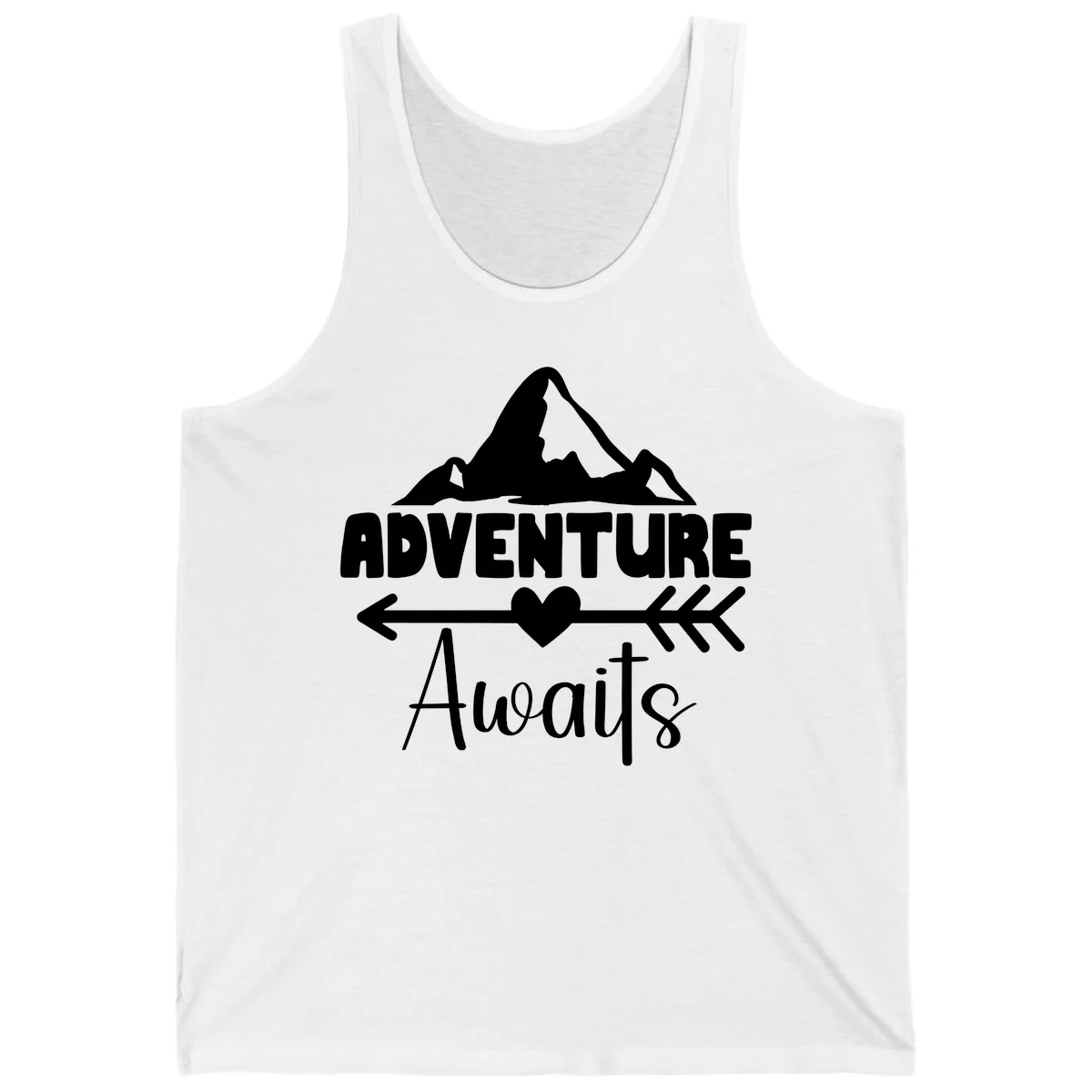 Adventure awaits mountain design with snow peaks, heart, and directional arrows on white background in White