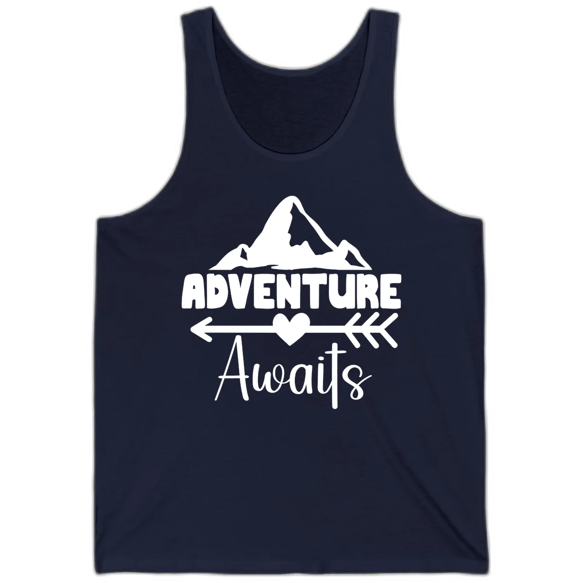 Adventure awaits mountain design with snow peaks, heart, and directional arrows on white background in Navy