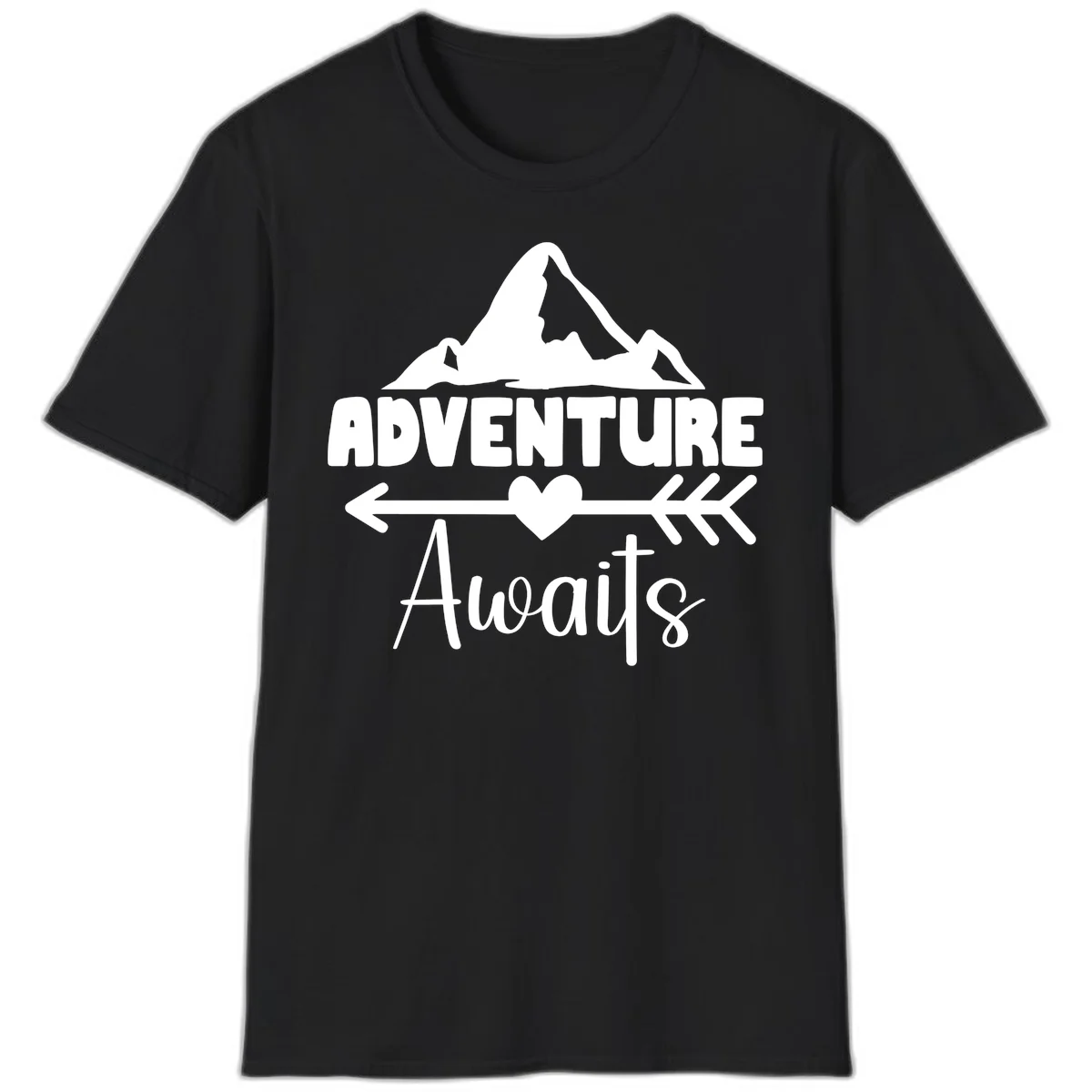 Adventure awaits mountain design with snow peaks, heart, and directional arrows on white background in Black
