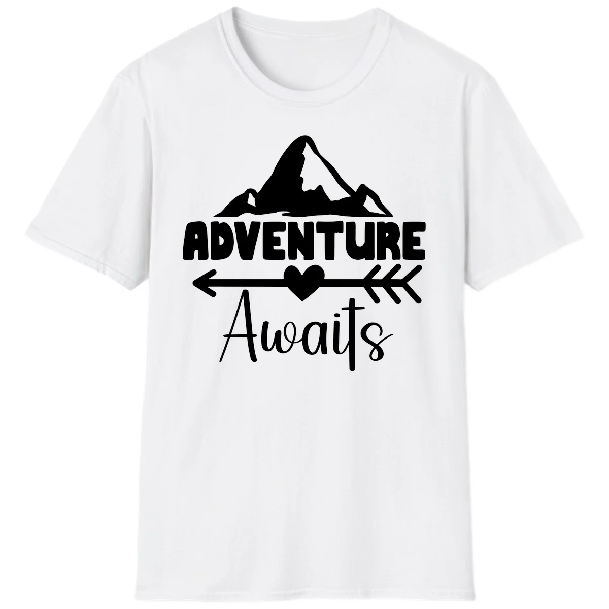 Adventure awaits mountain design with snow peaks, heart, and directional arrows on white background in White