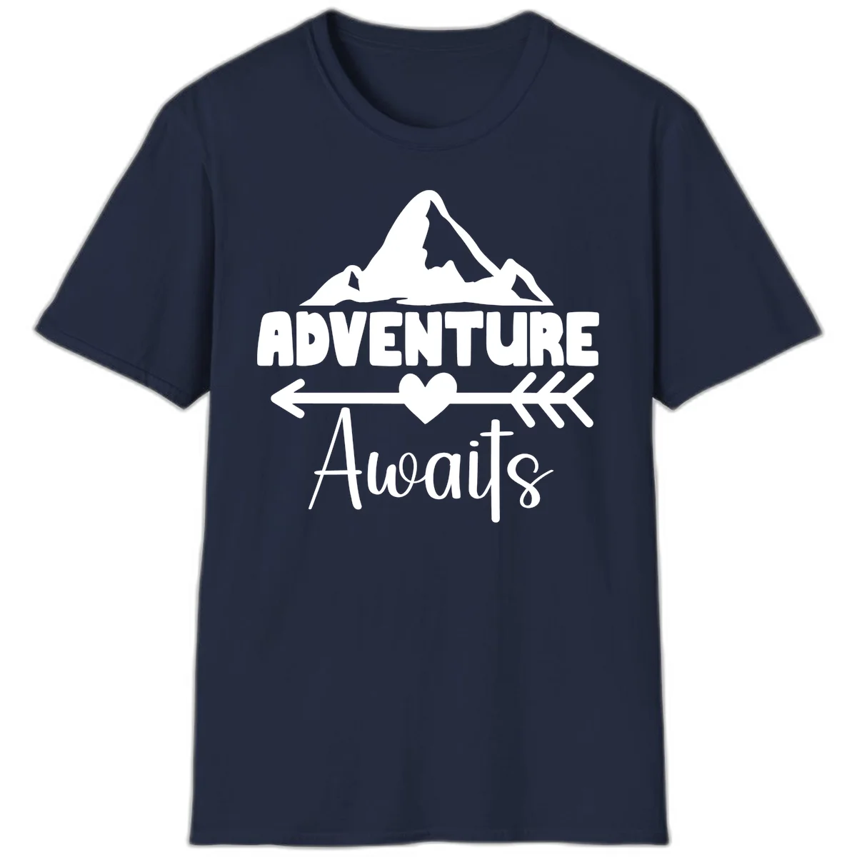 Adventure awaits mountain design with snow peaks, heart, and directional arrows on white background in Navy