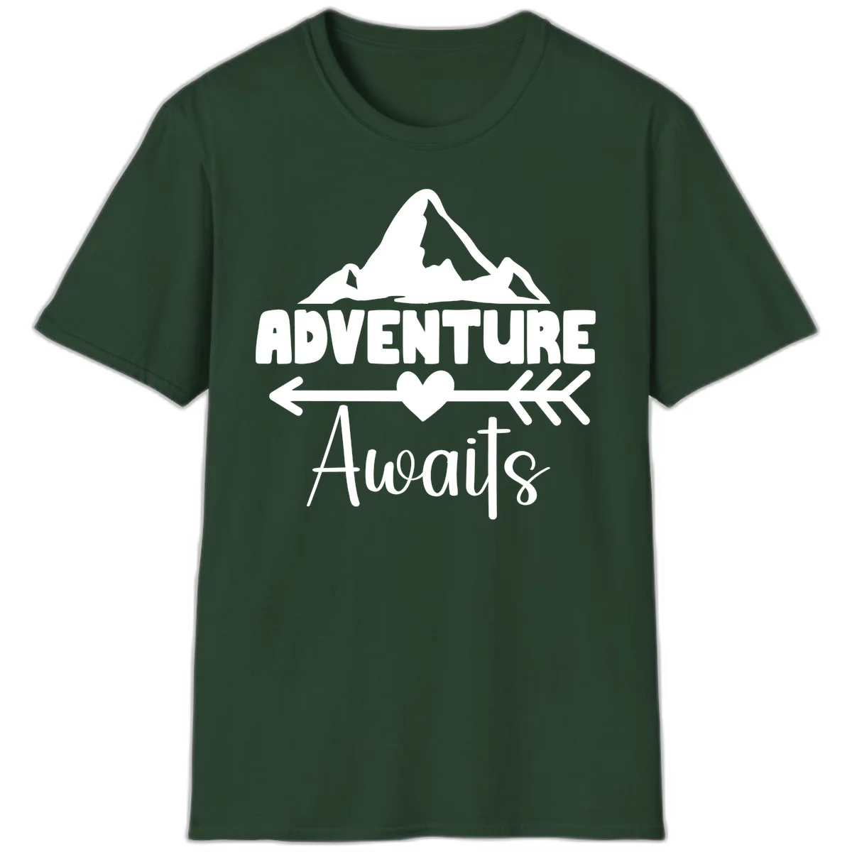 Adventure awaits mountain design with snow peaks, heart, and directional arrows on white background in Forest Green
