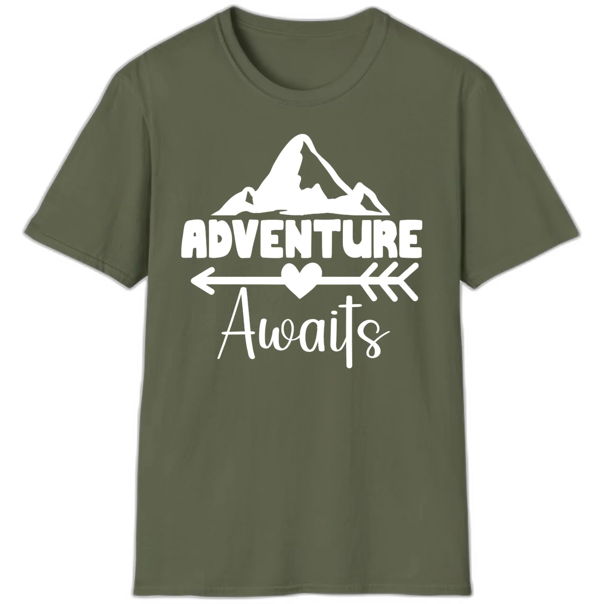 Adventure awaits mountain design with snow peaks, heart, and directional arrows on white background in Military Green