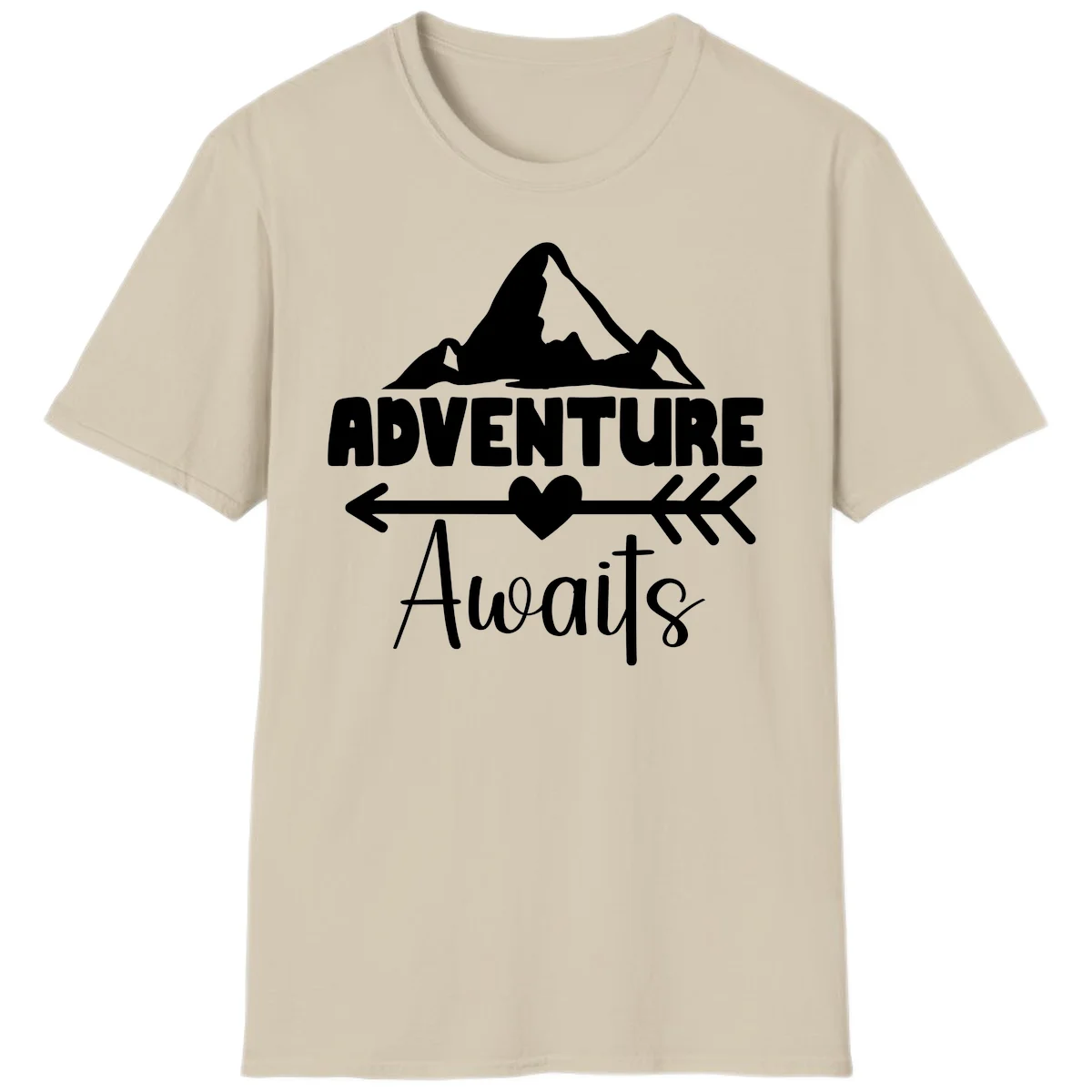 Adventure awaits mountain design with snow peaks, heart, and directional arrows on white background in Sand