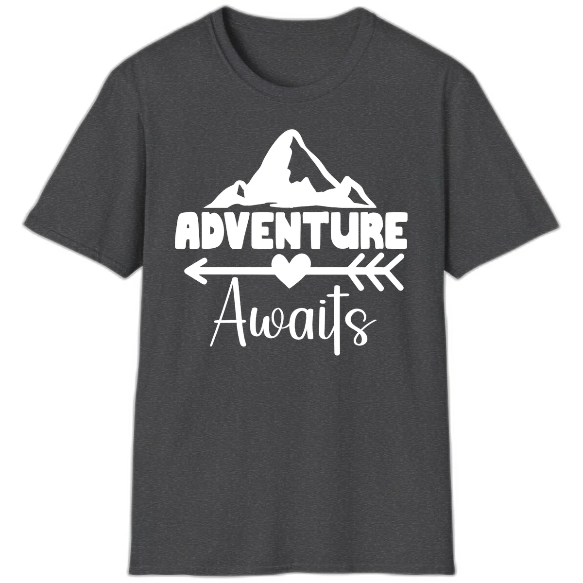 Adventure awaits mountain design with snow peaks, heart, and directional arrows on white background in Dark Heather