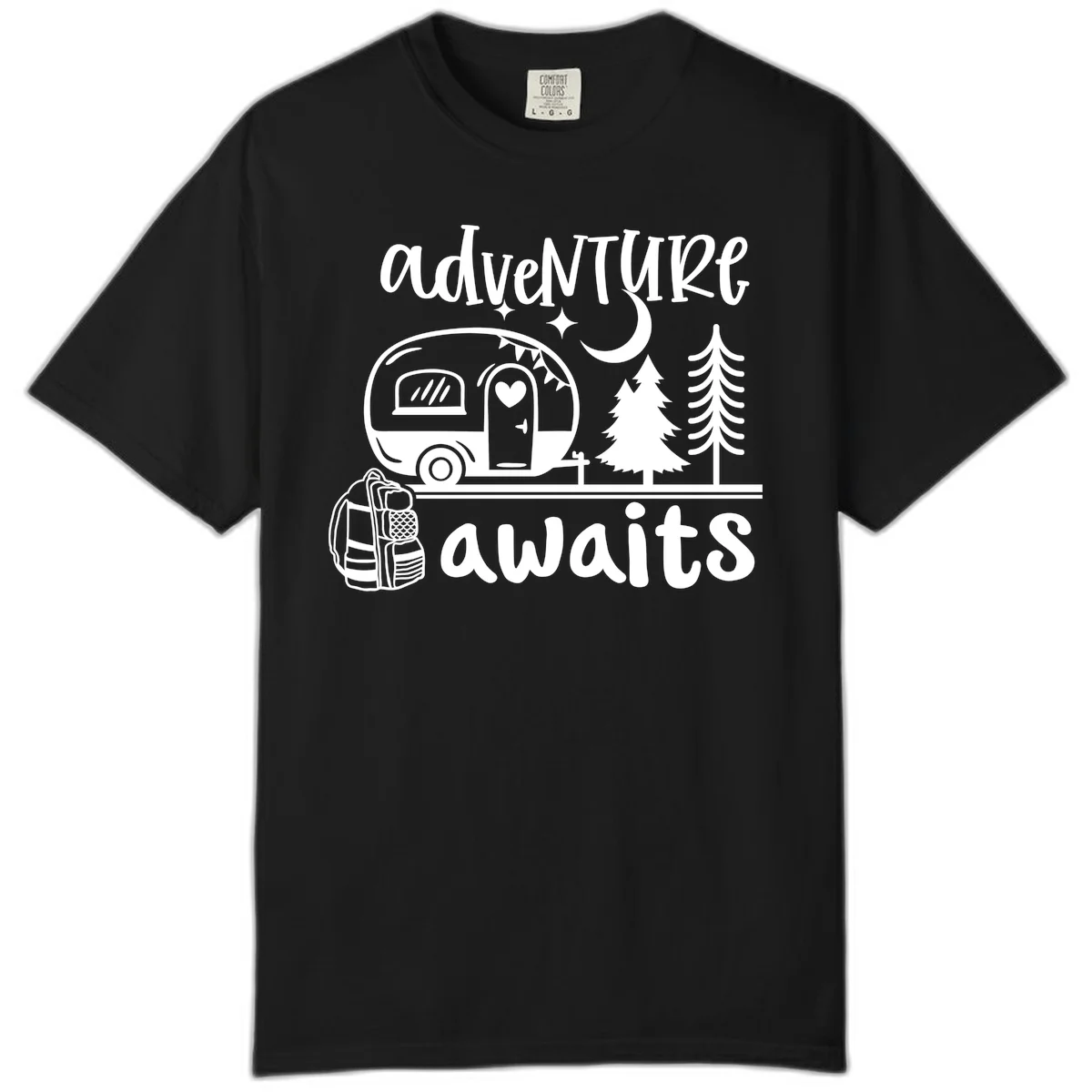 Retro camper trailer with heart-shaped door under moonlight and stars, surrounded by evergreen trees, with 'adventure awaits' text. in Black
